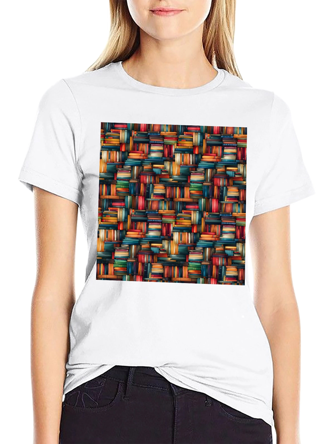 Book Stack Pattern Mens Black T-Shirt