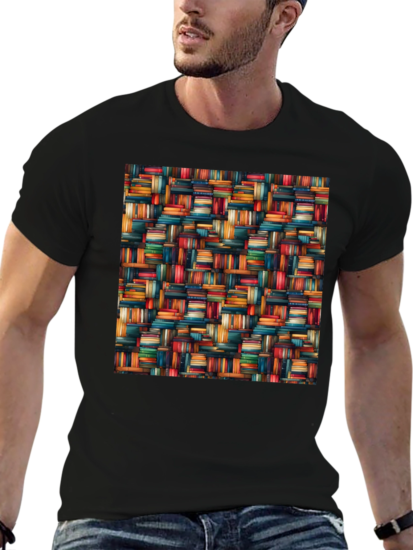 Book Stack Pattern Mens Black T-Shirt