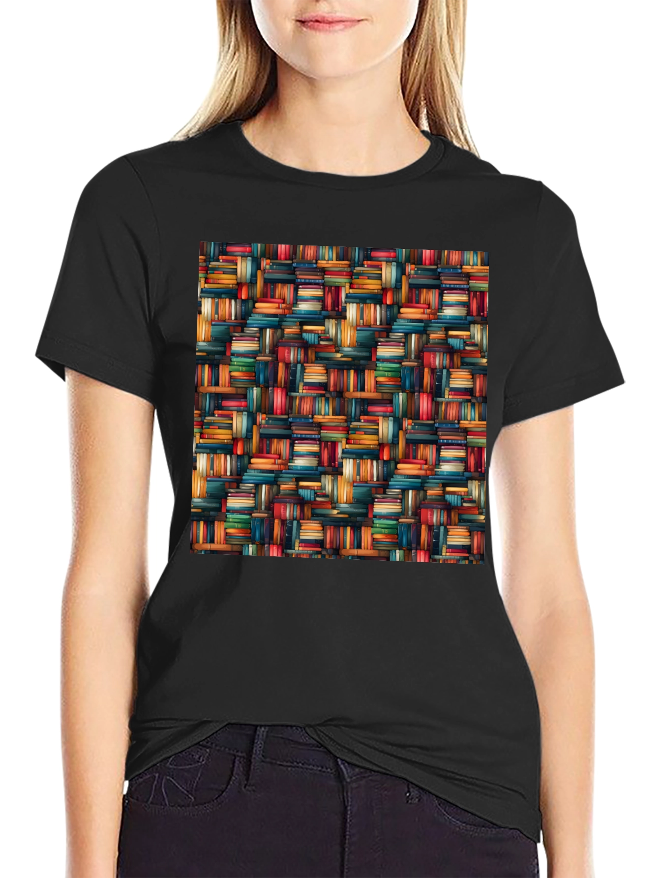 Book Stack Pattern Mens Black T-Shirt