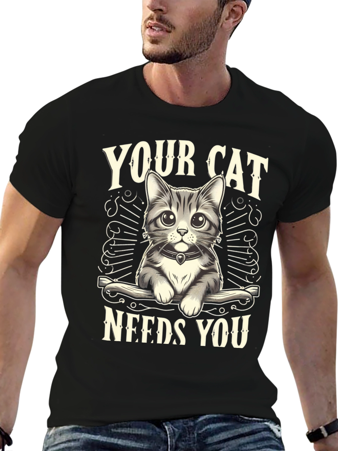 Your Cat Needs You Black T-Shirt