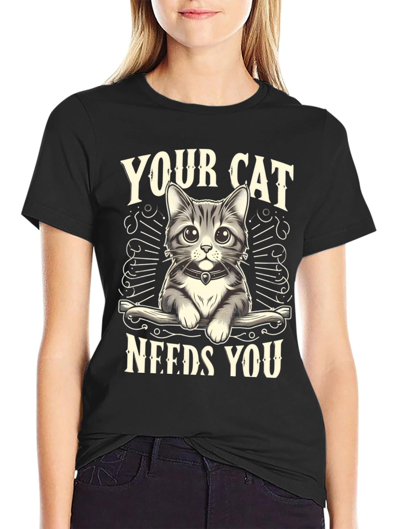 Your Cat Needs You Black T-Shirt