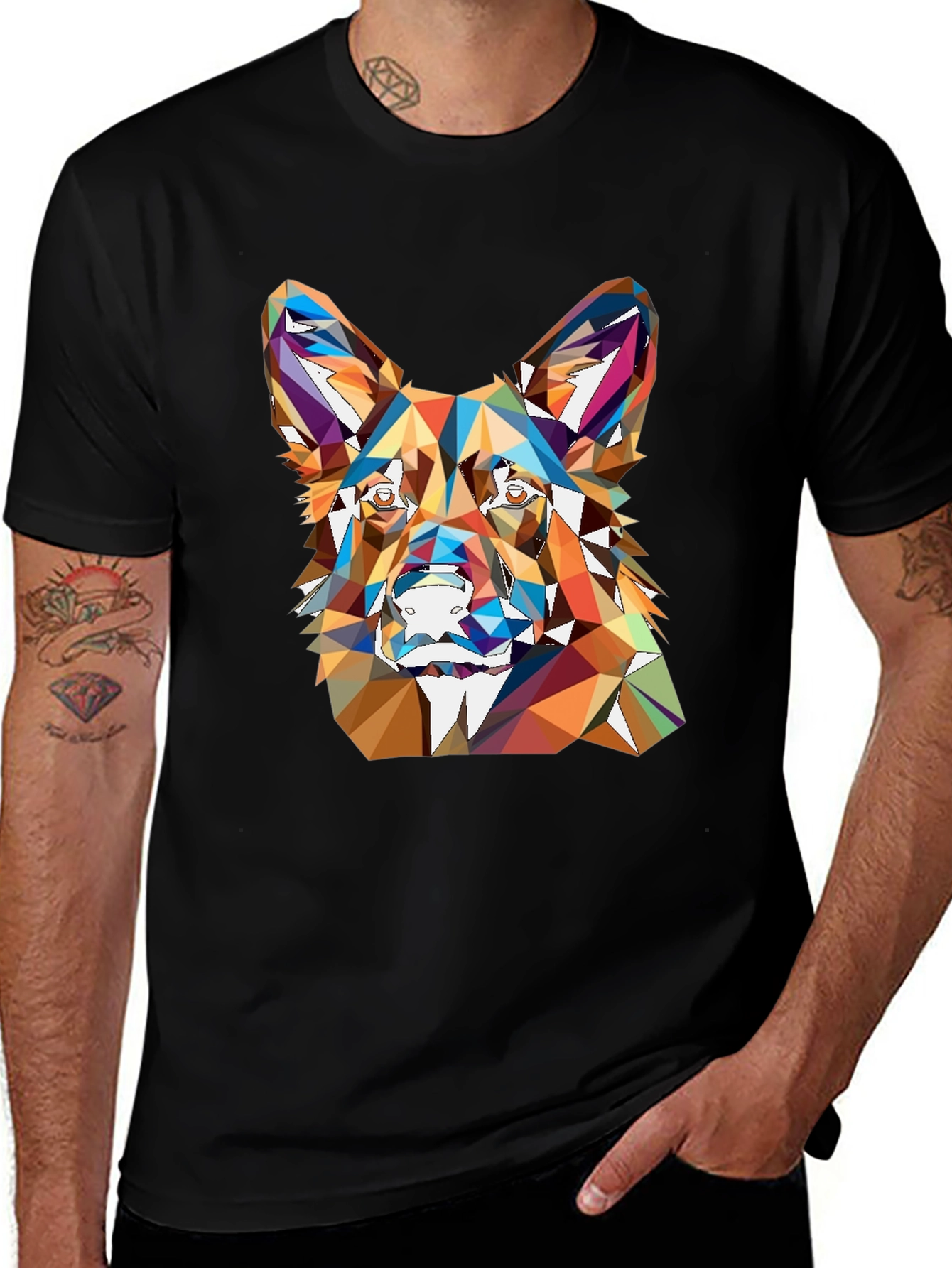 Geometric Dog Head Print Black T-Shirt