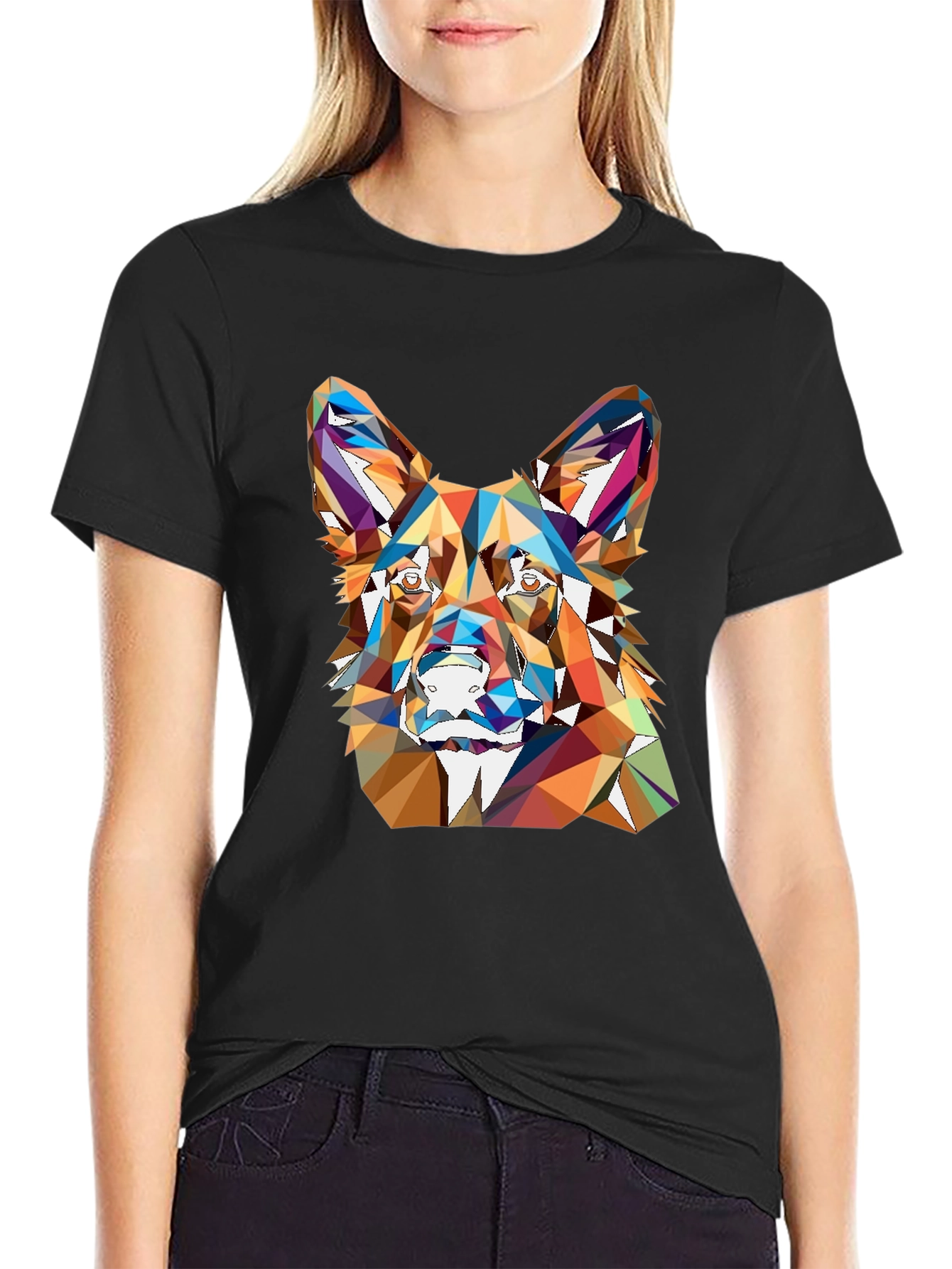 Geometric Dog Head Print Black T-Shirt
