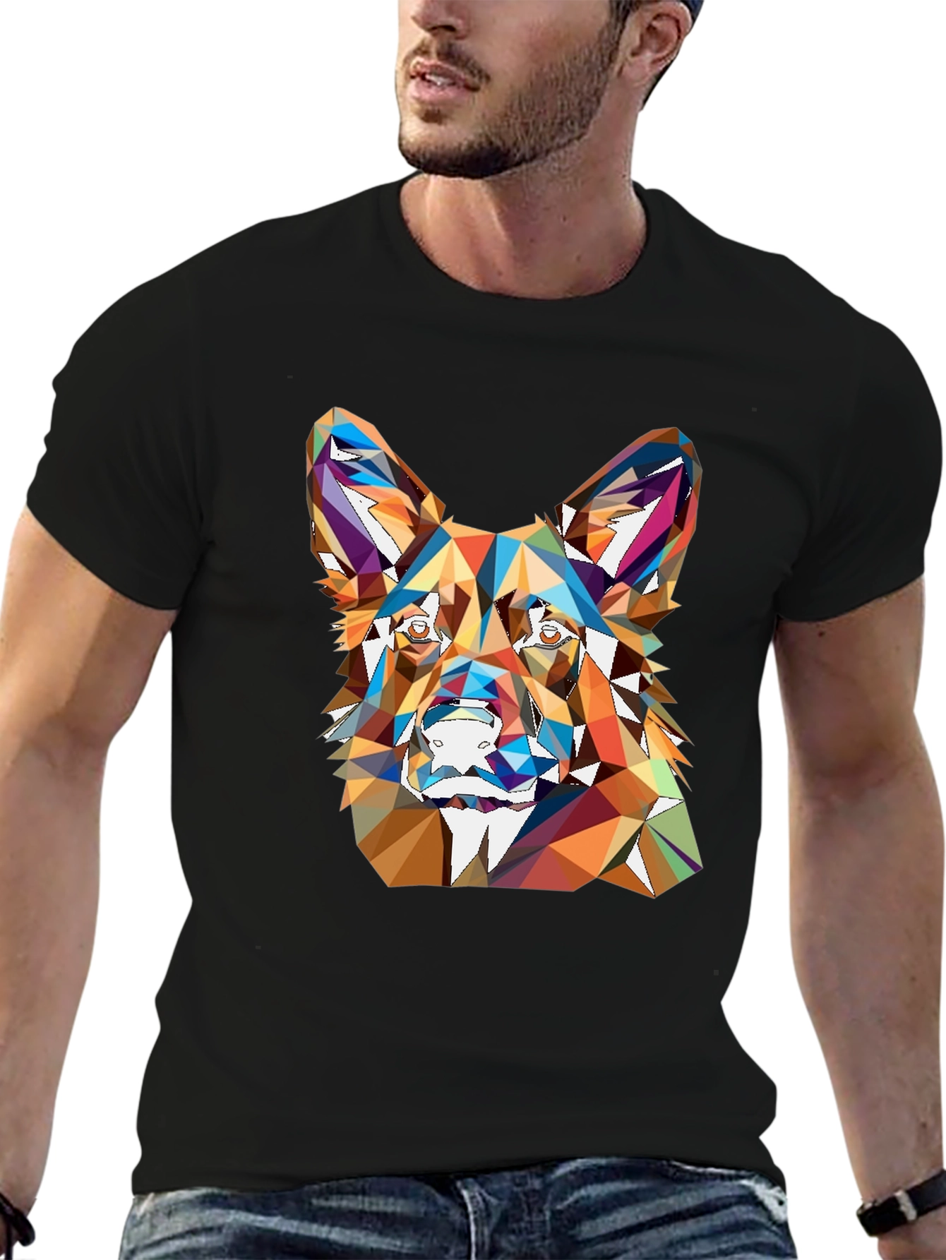 Geometric Dog Head Print Black T-Shirt