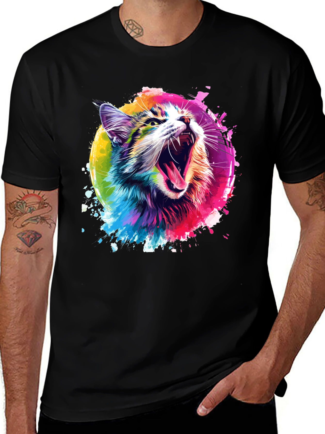 Vibrant Cat Graphic Tee - Unisex Black T-Shirt