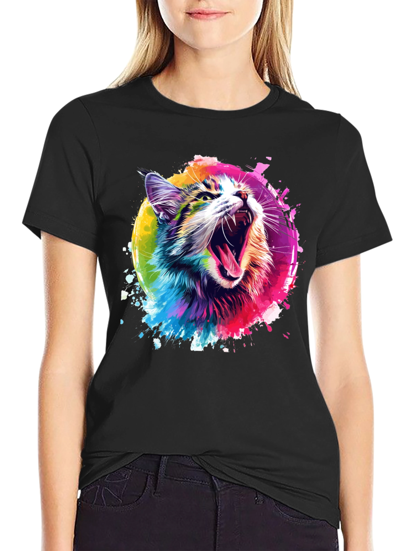 Vibrant Cat Graphic Tee - Unisex Black T-Shirt