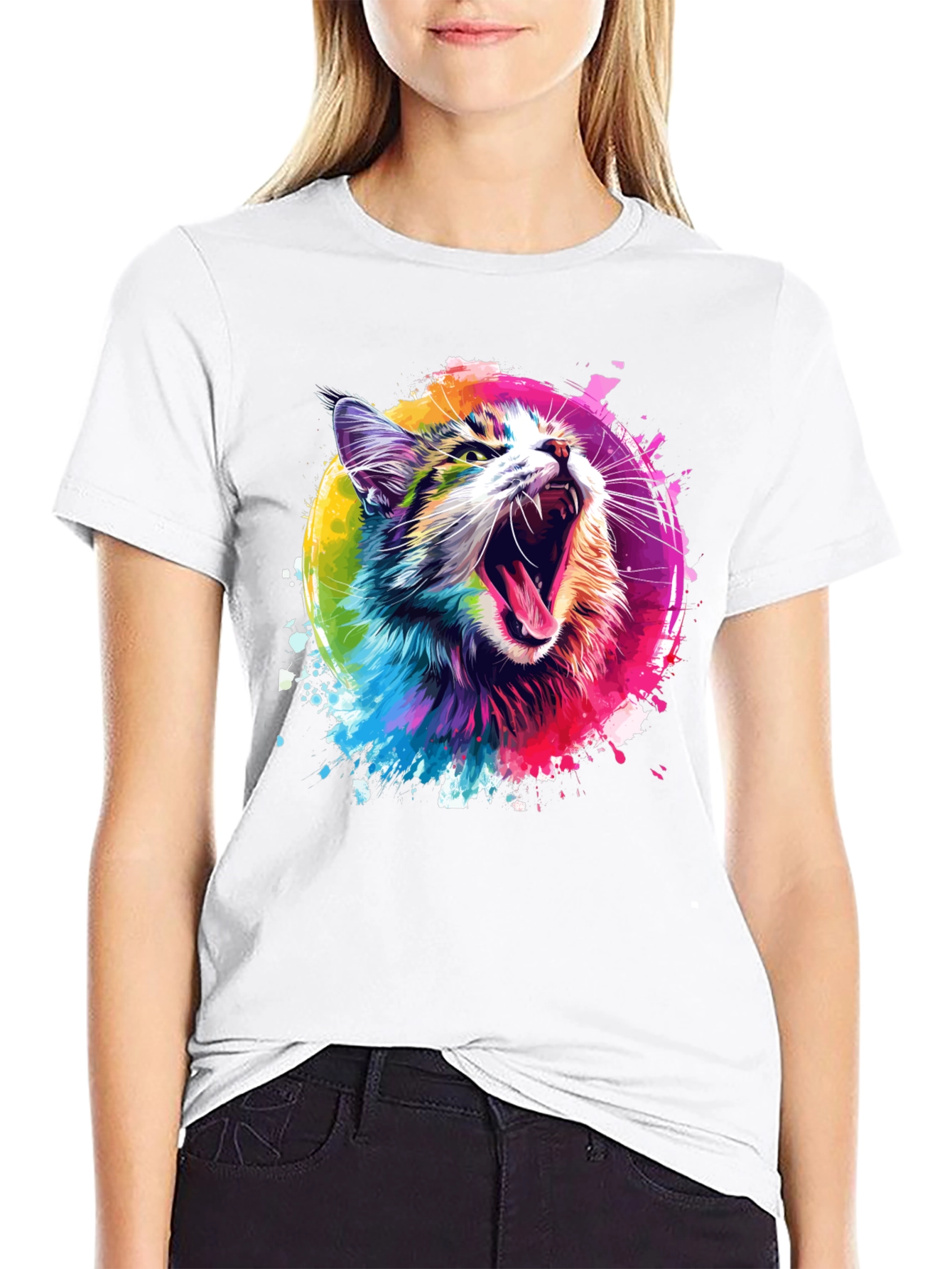 Vibrant Cat Graphic Tee - Unisex Black T-Shirt