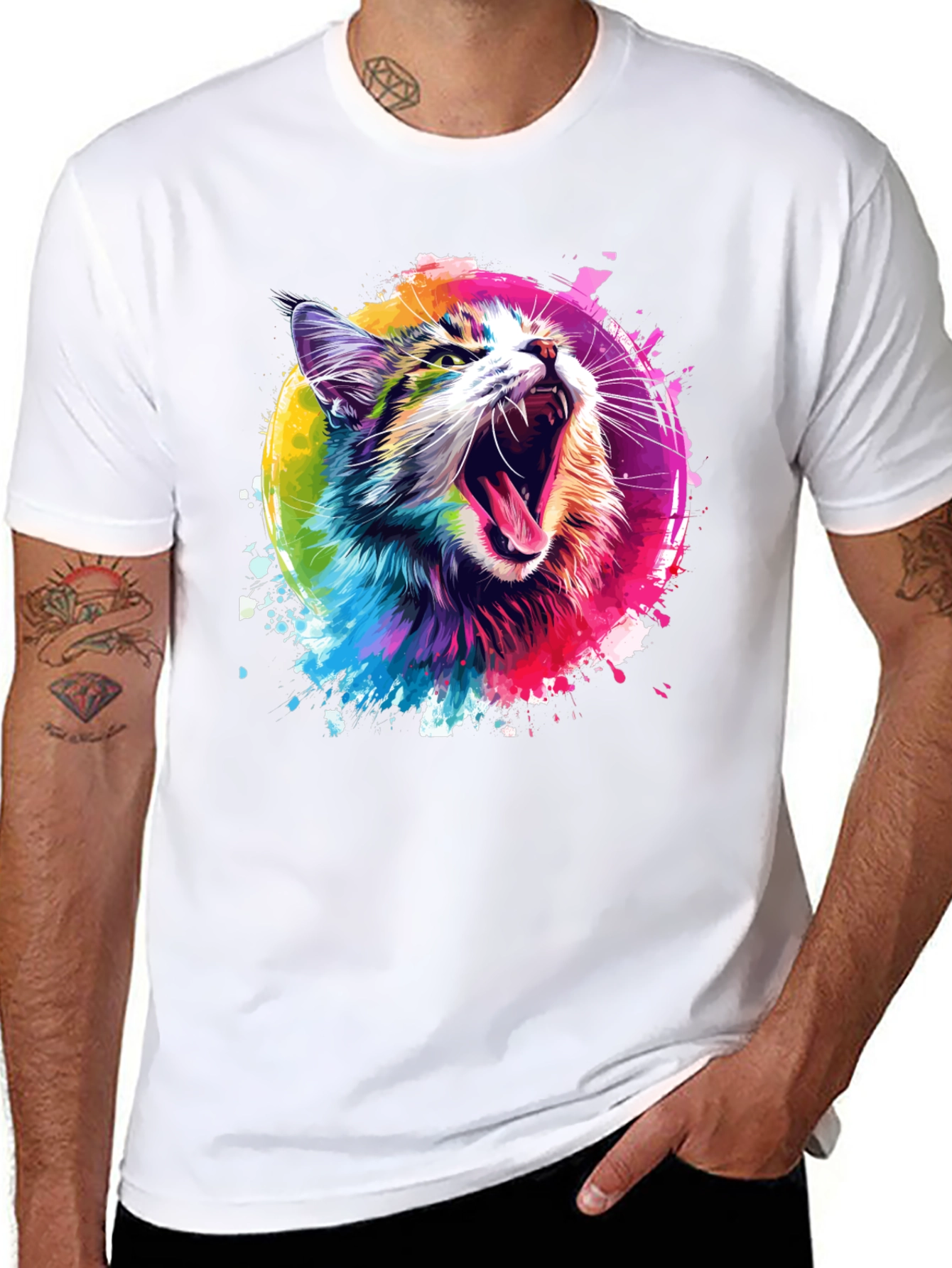 Vibrant Cat Graphic Tee - Unisex Black T-Shirt