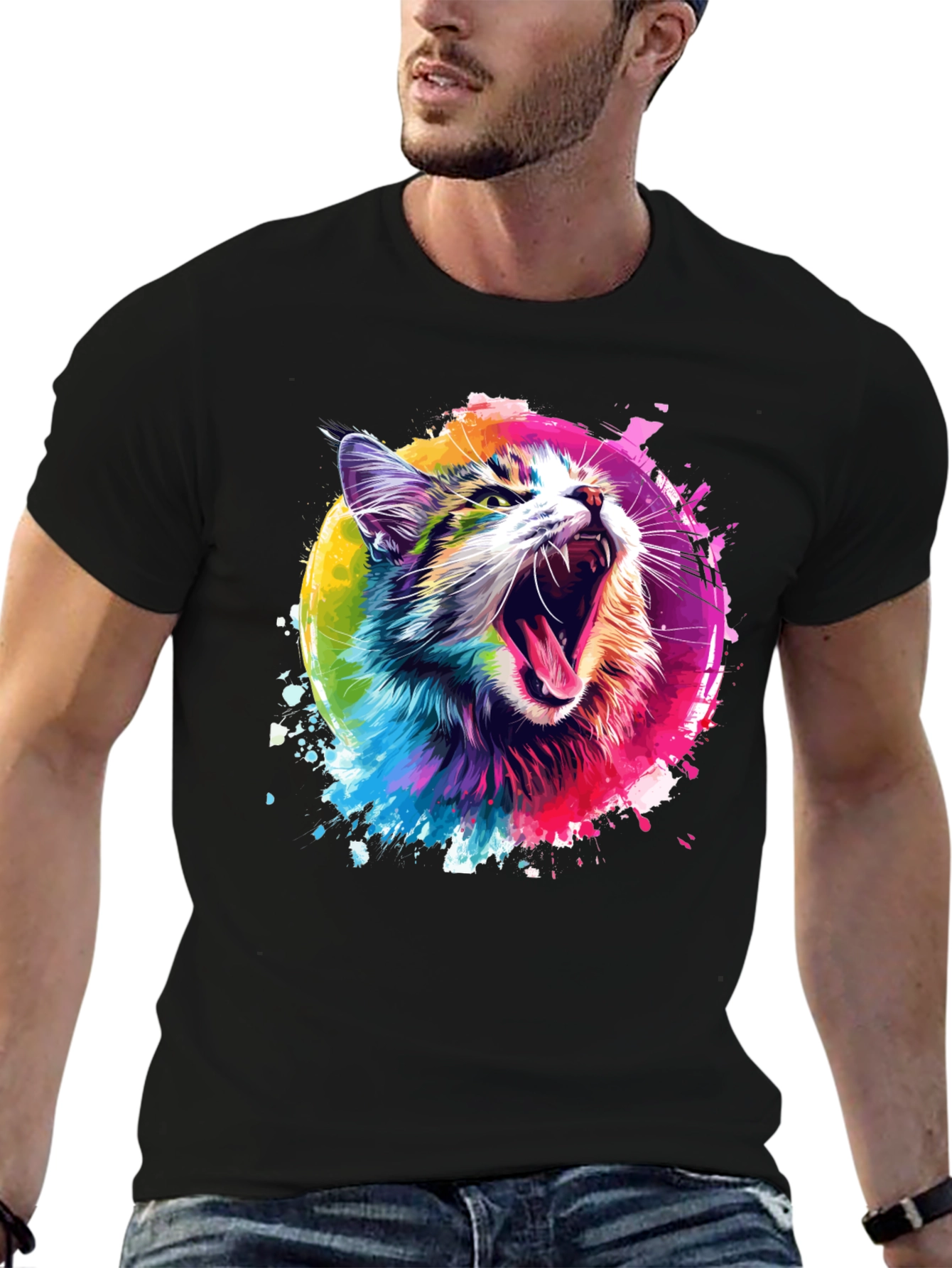 Vibrant Cat Graphic Tee - Unisex Black T-Shirt