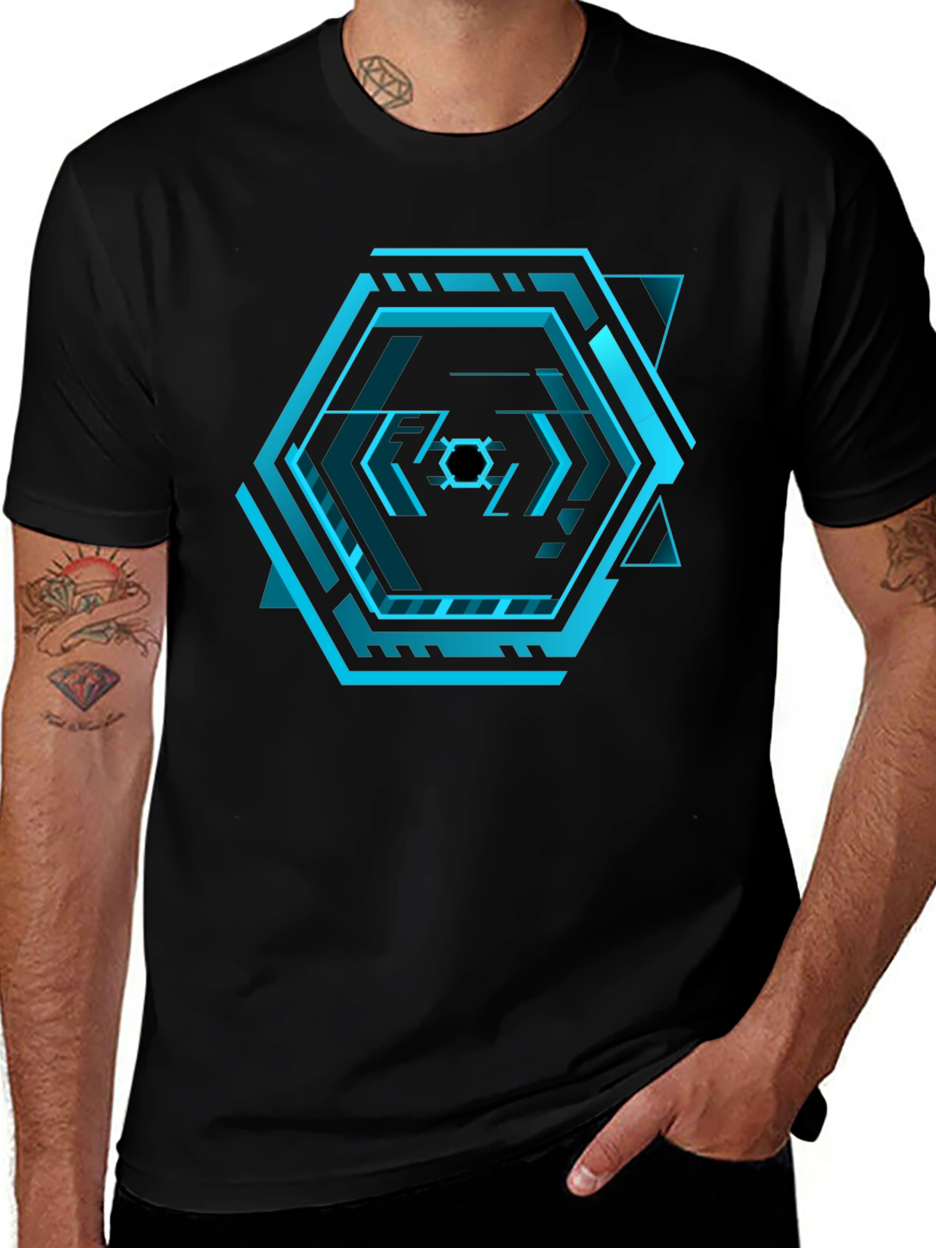 Cyberpunk Hexagon Black T-Shirt - Futuristic Design