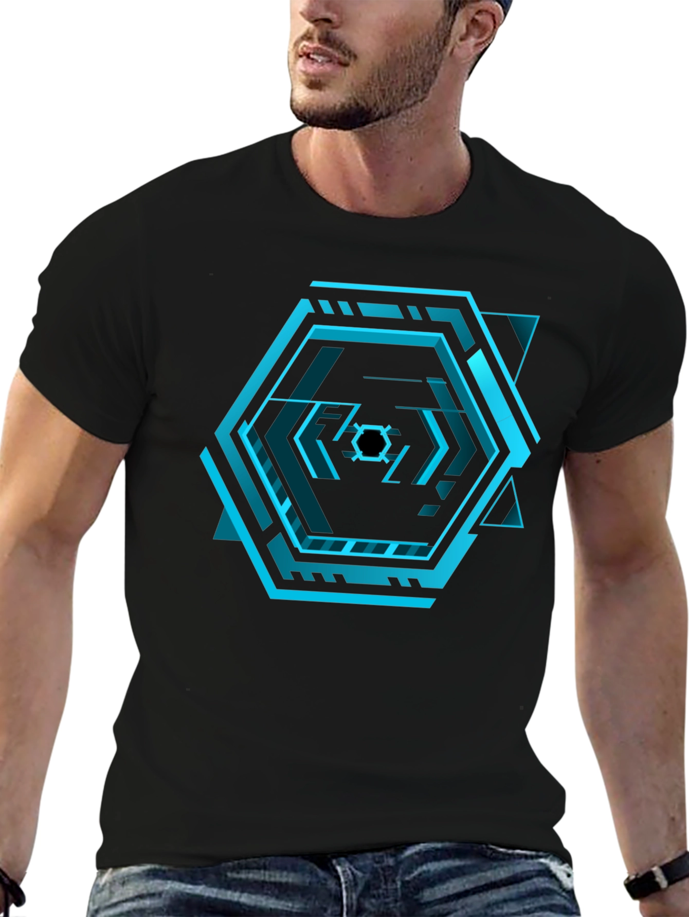 Cyberpunk Hexagon Black T-Shirt - Futuristic Design