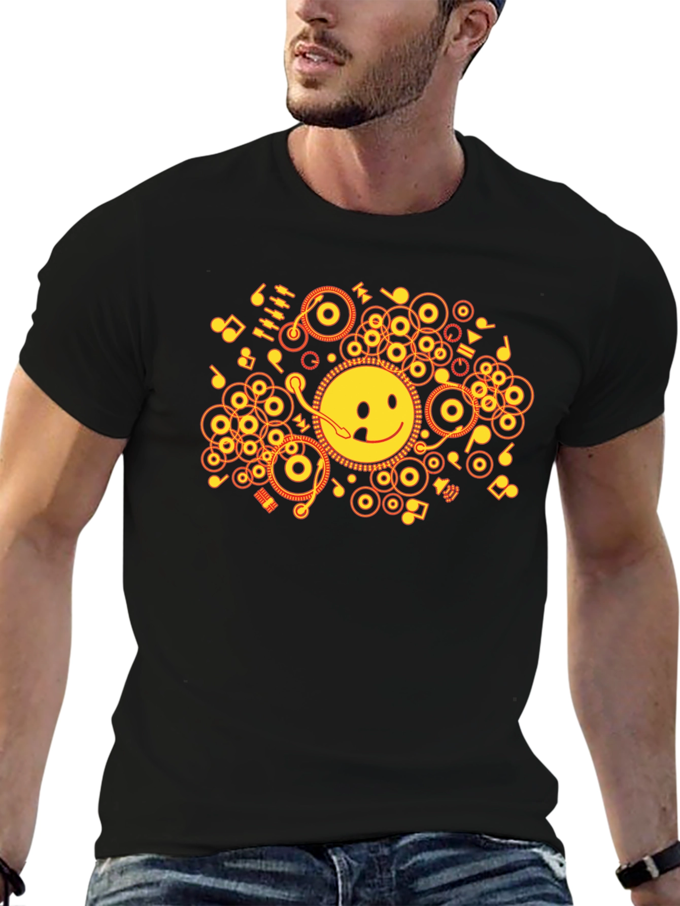Smiley DJ Graphic Tee - Black Cotton T-Shirt