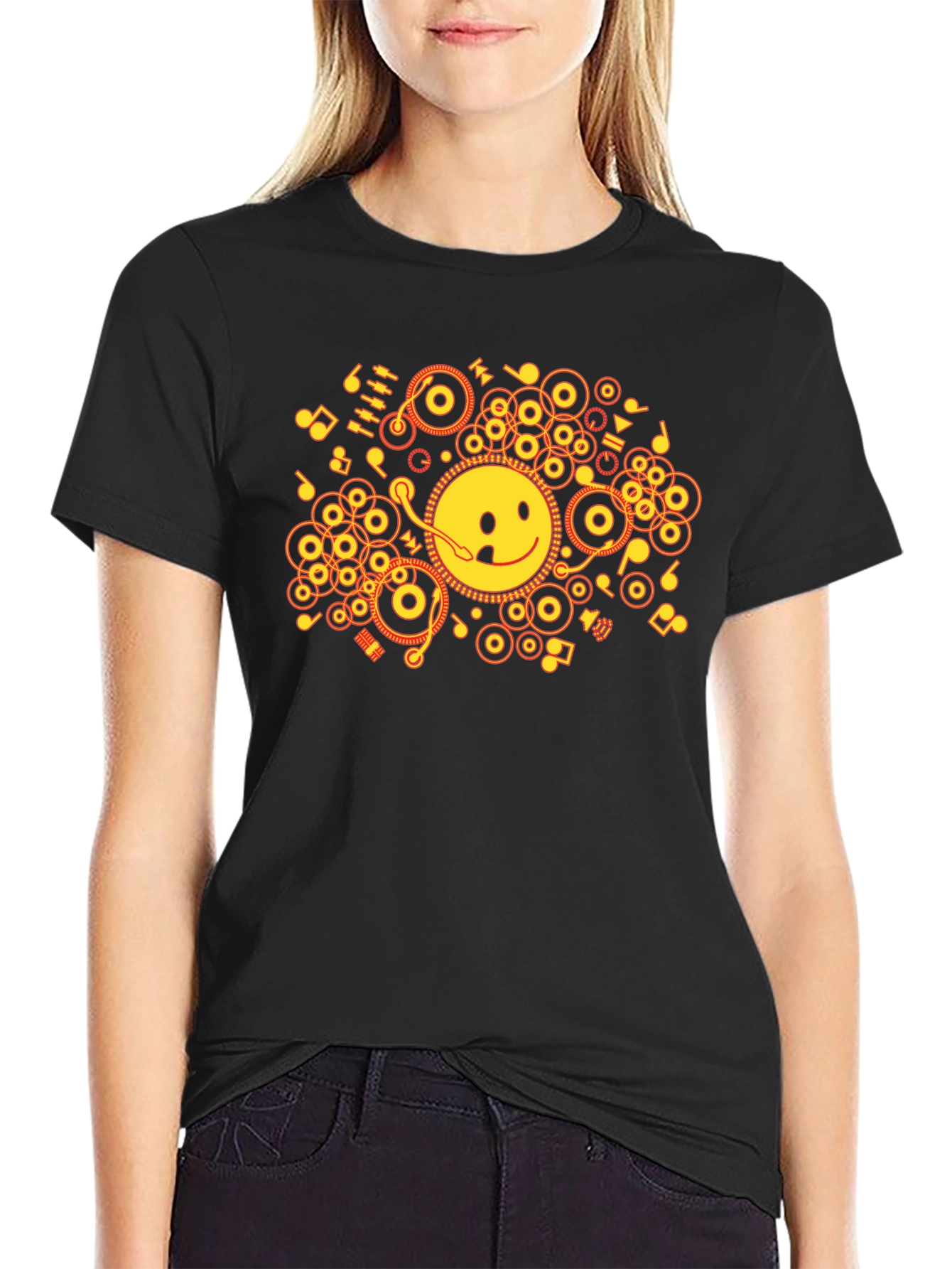 Smiley DJ Graphic Tee - Black Cotton T-Shirt