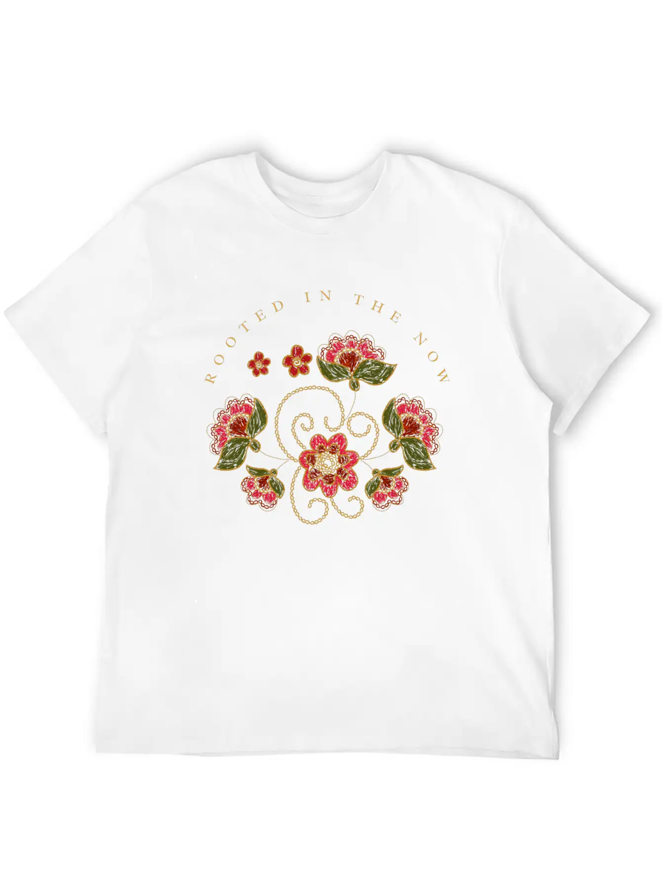 Mindful Quote About Present Moment Red Flowers Unisex Casual T-Shirt – Clean Design For Daily Comfort