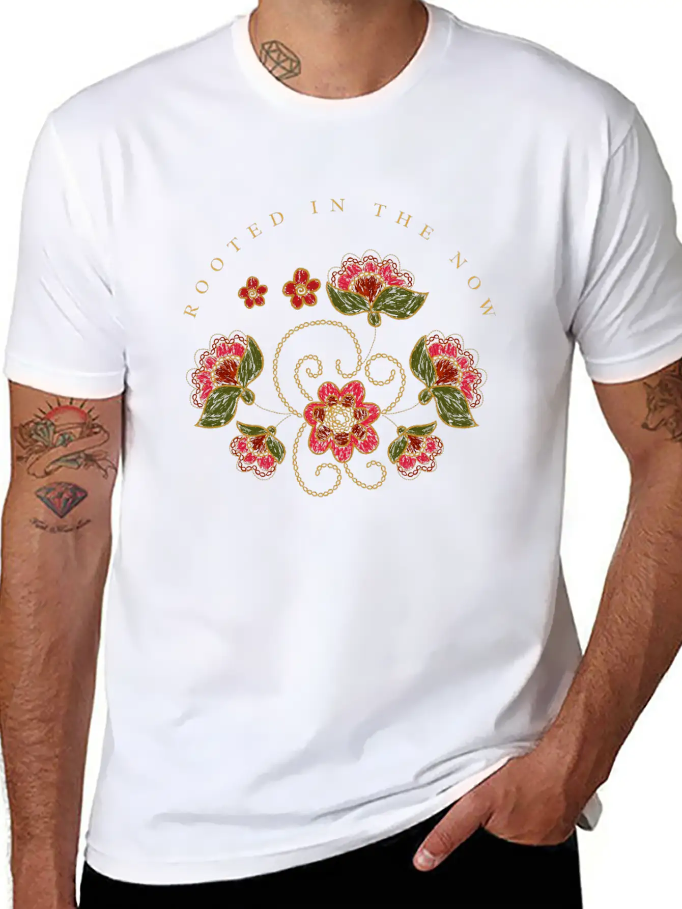 Mindful Quote About Present Moment Red Flowers Unisex Casual T-Shirt – Clean Design For Daily Comfort