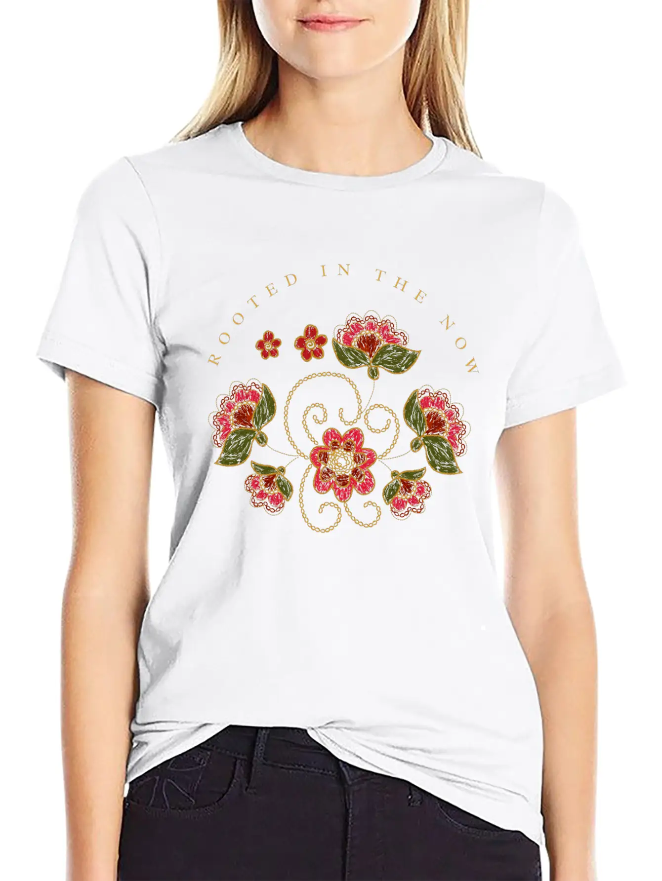 Mindful Quote About Present Moment Red Flowers Unisex Casual T-Shirt – Clean Design For Daily Comfort