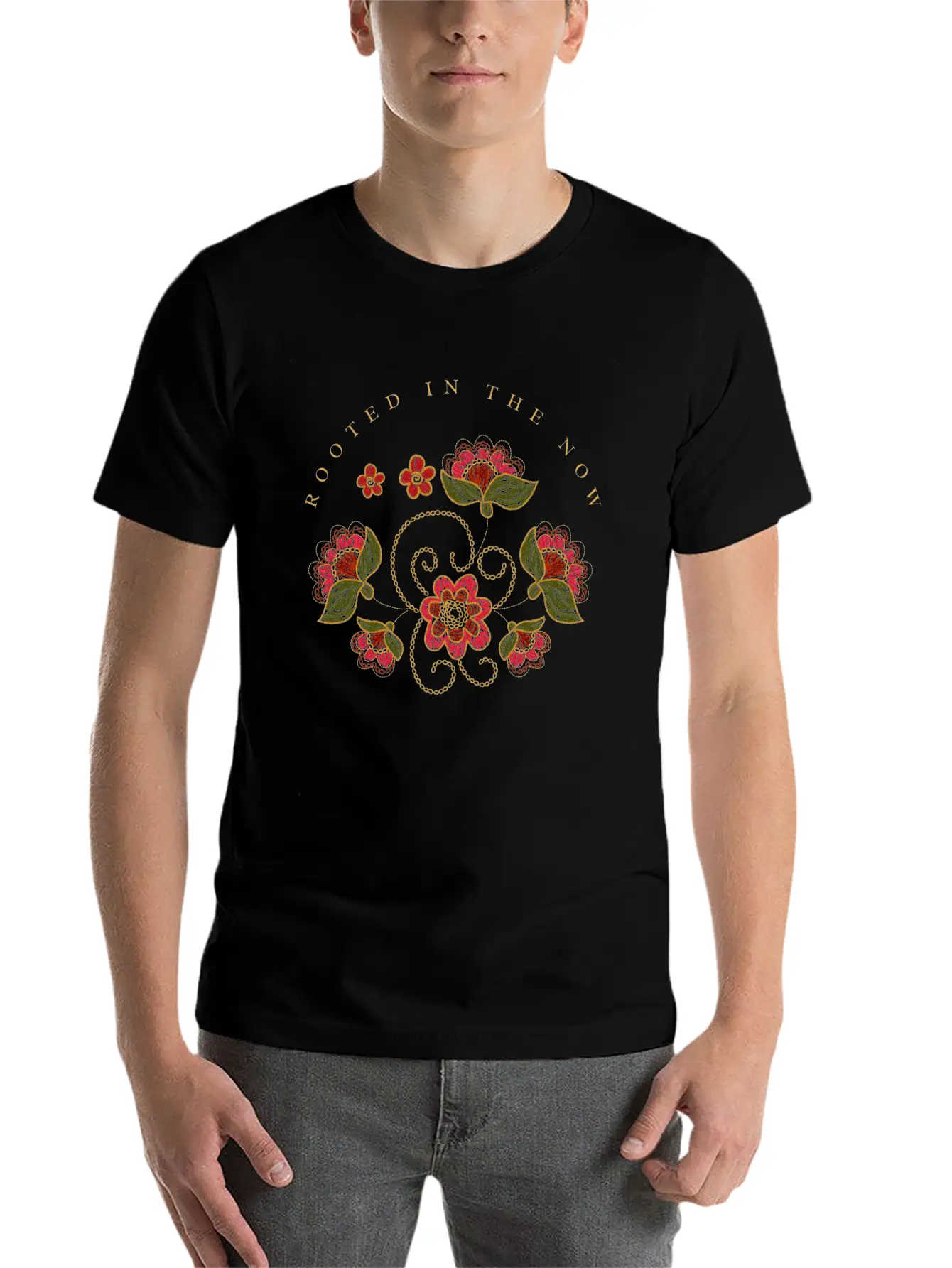 Mindful Quote About Present Moment Red Flowers Unisex Casual T-Shirt – Clean Design For Daily Comfort
