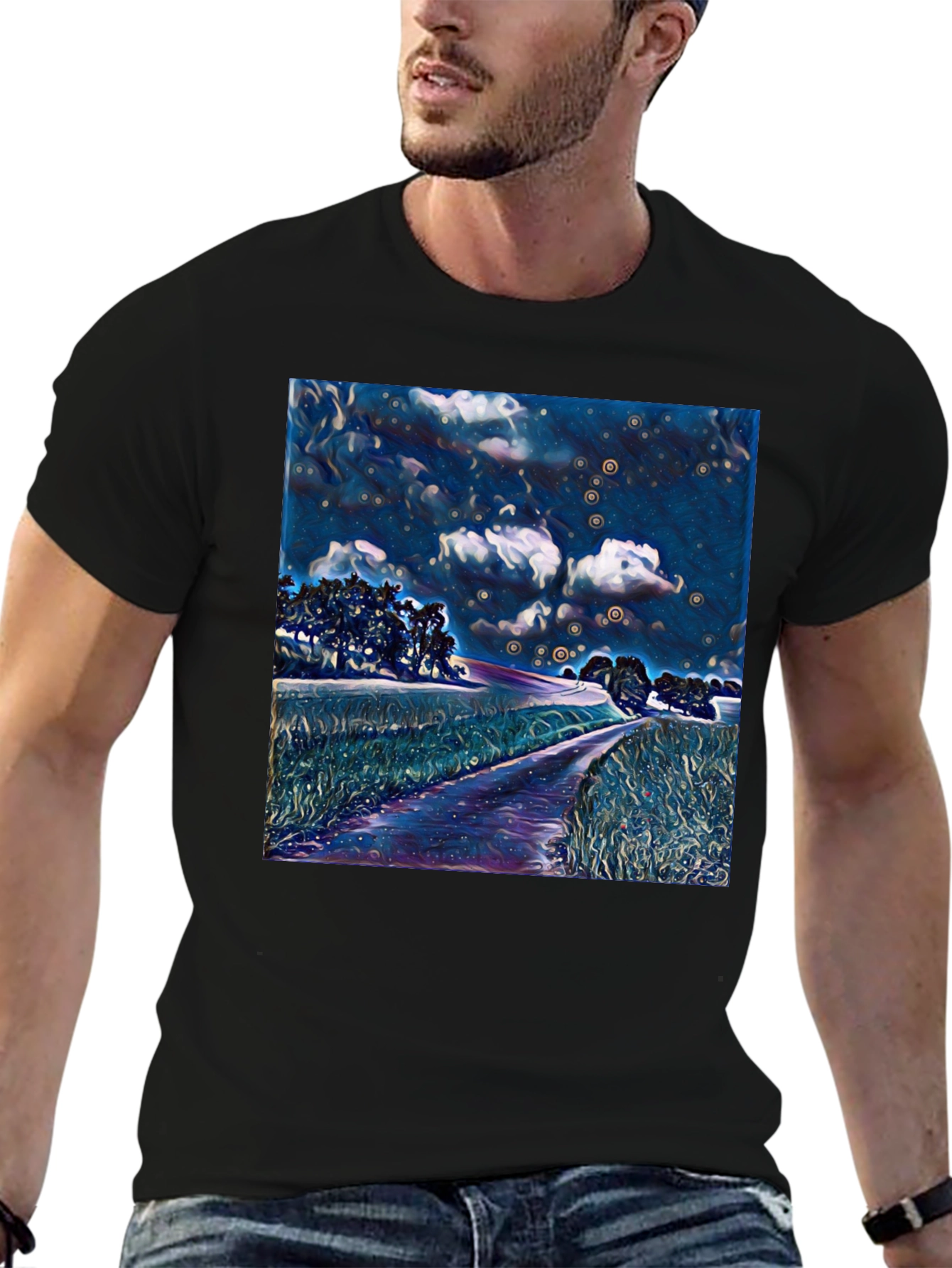 Starry Night Landscape Print Black T-Shirt