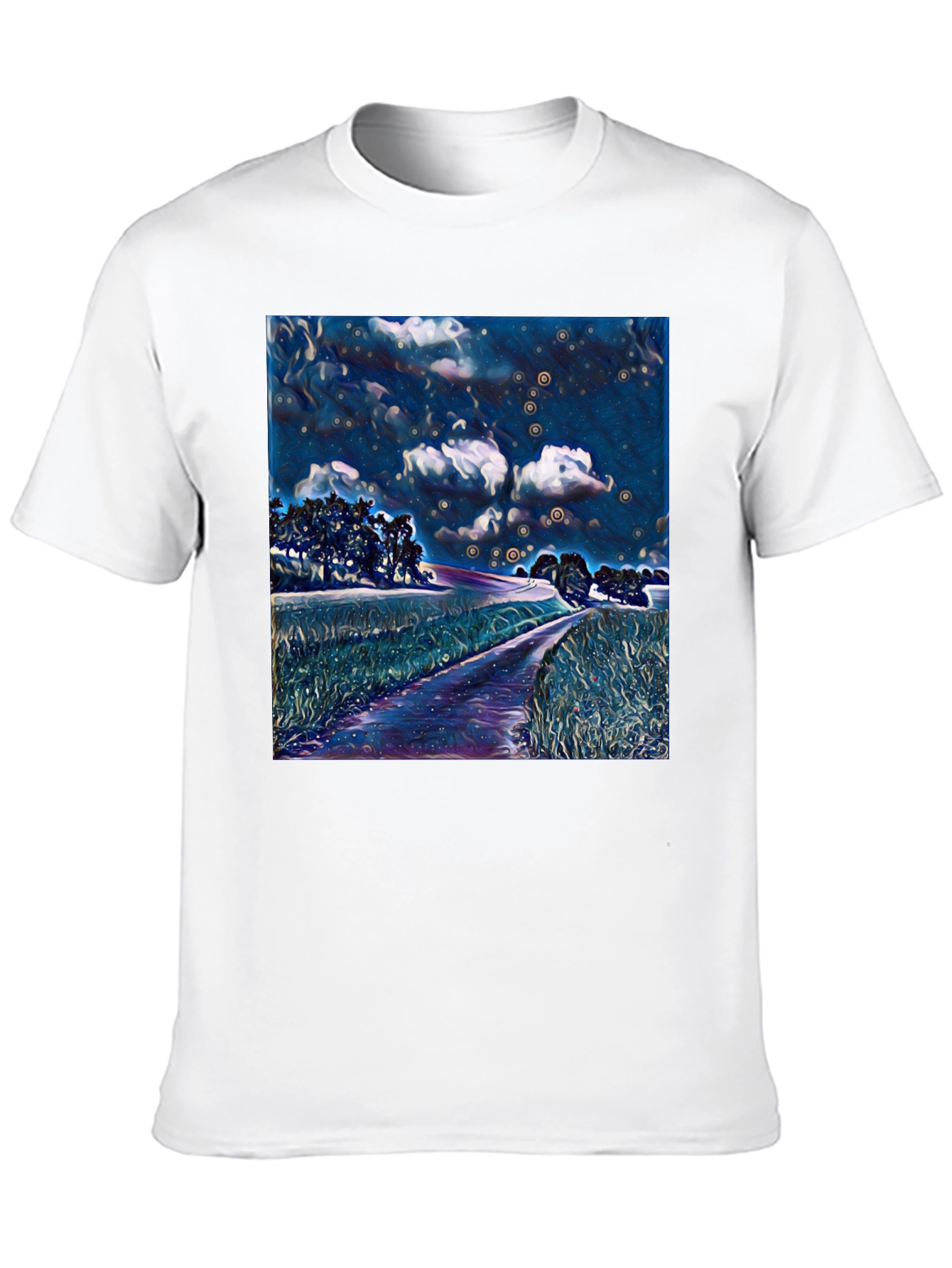 Starry Night Landscape Print Black T-Shirt