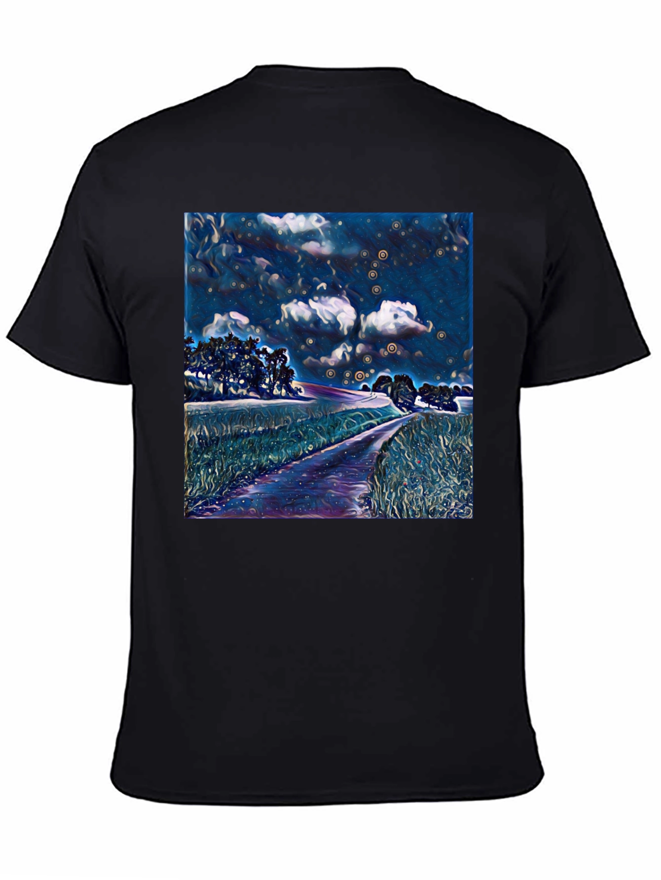 Starry Night Landscape Print Black T-Shirt