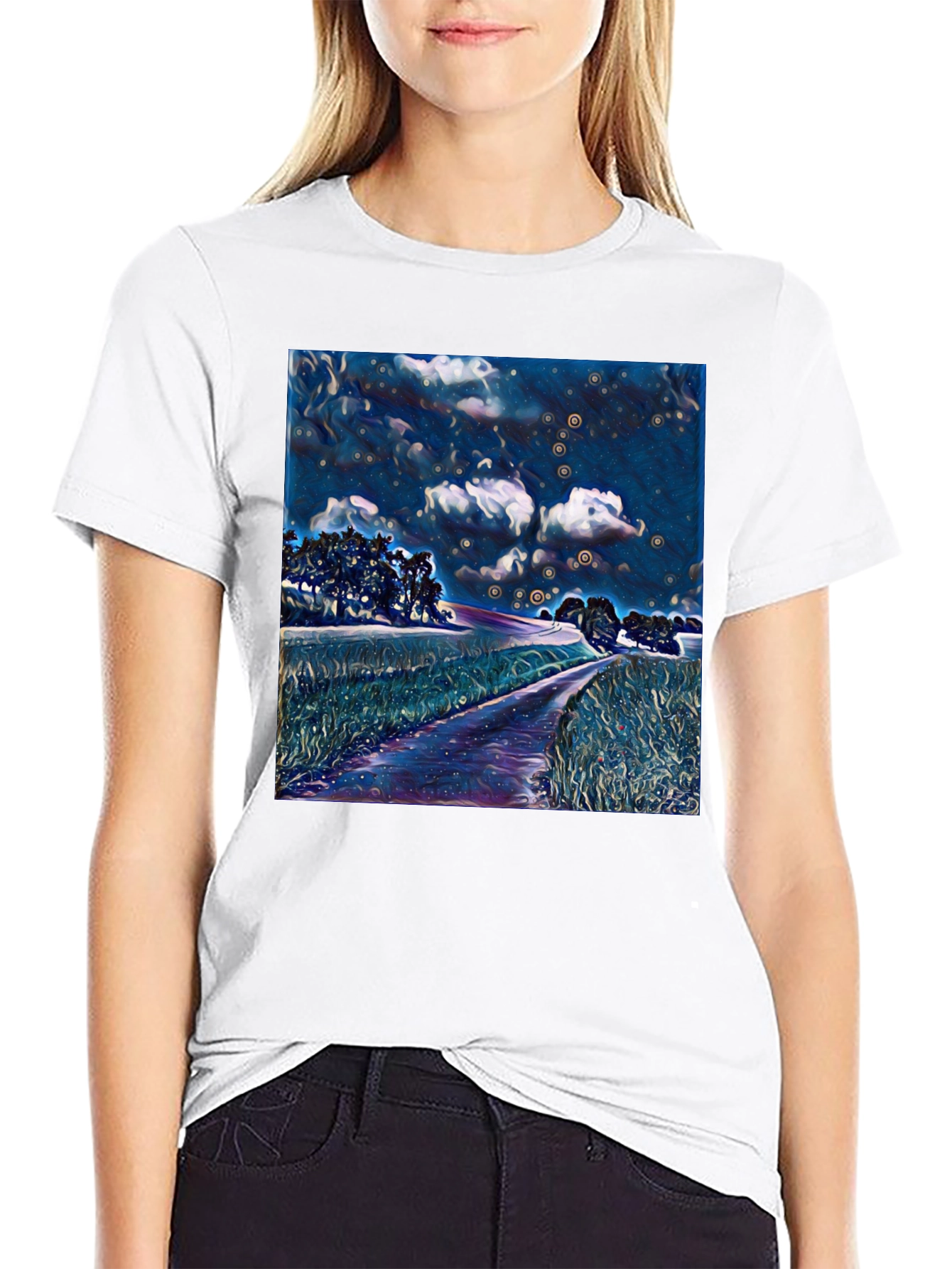 Starry Night Landscape Print Black T-Shirt