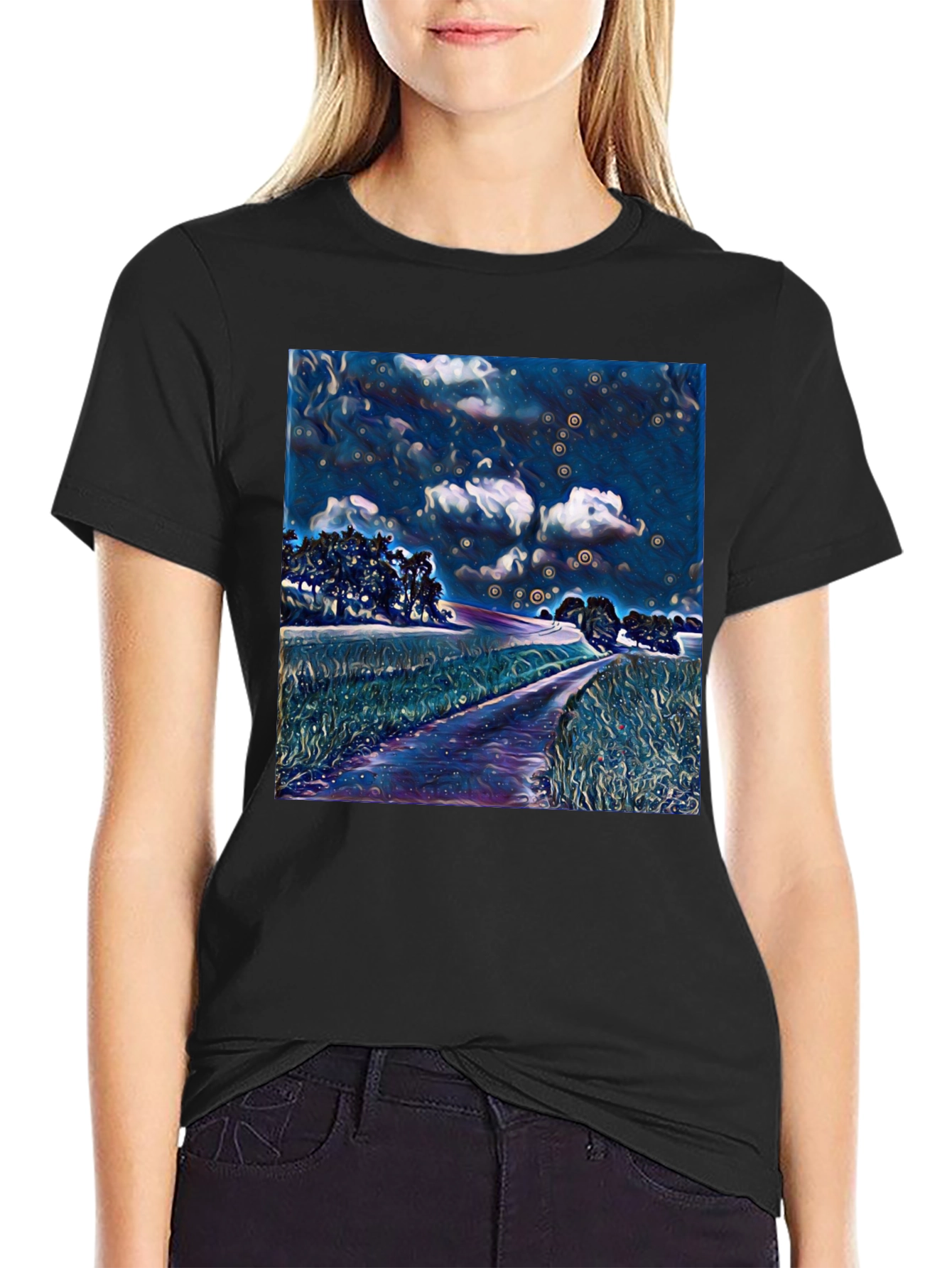 Starry Night Landscape Print Black T-Shirt