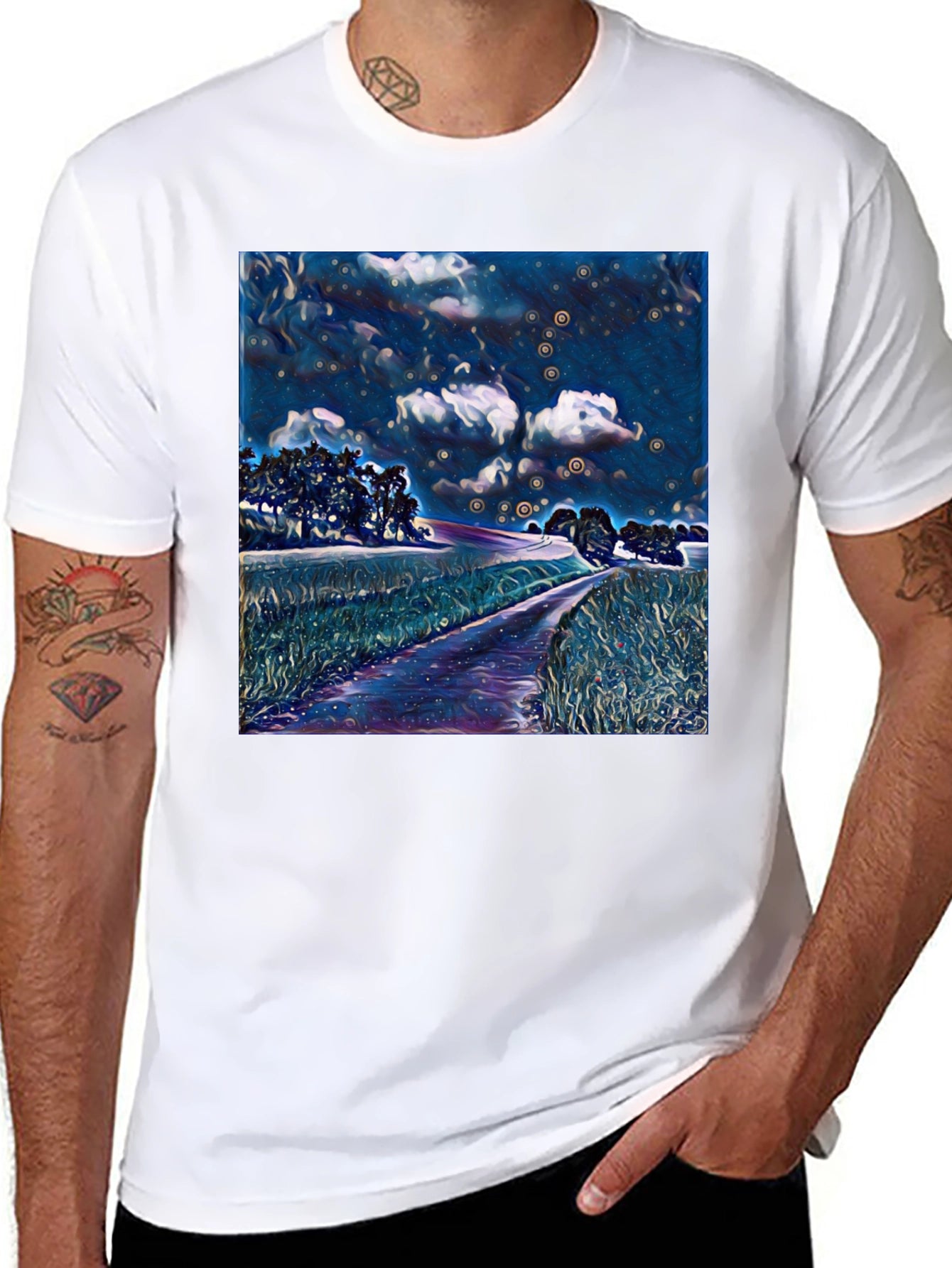 Starry Night Landscape Print Black T-Shirt