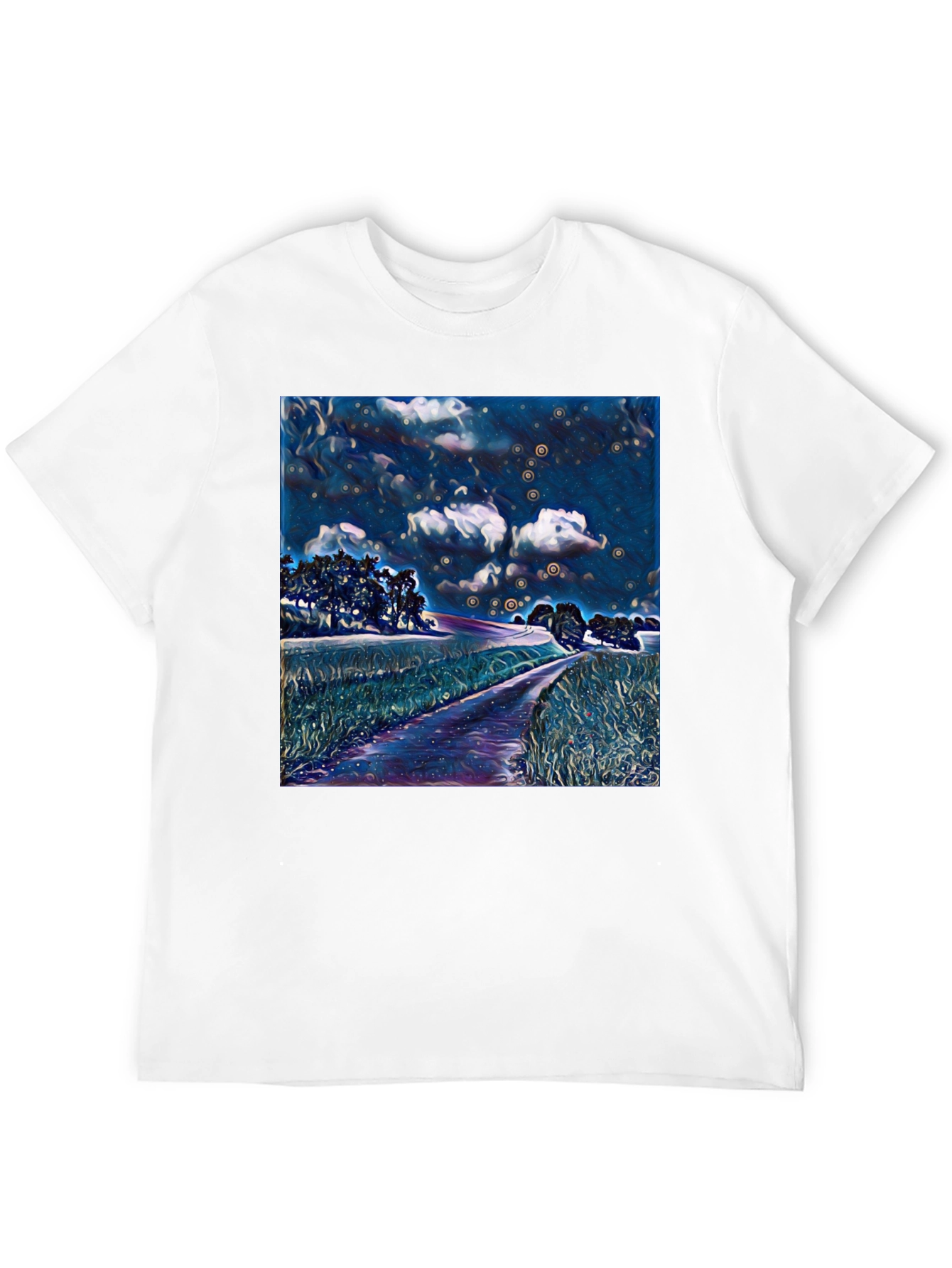 Starry Night Landscape Print Black T-Shirt