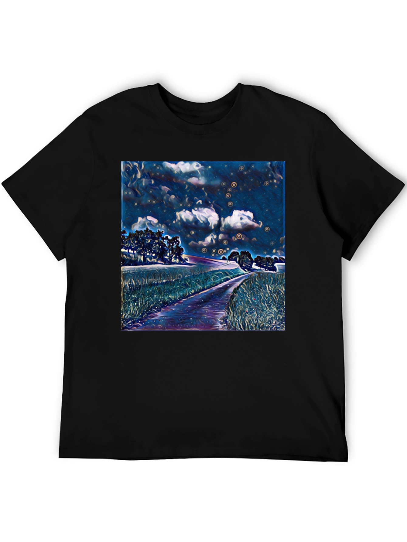 Starry Night Landscape Print Black T-Shirt