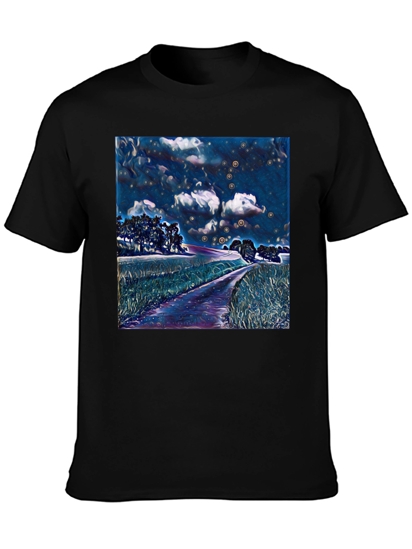 Starry Night Landscape Print Black T-Shirt