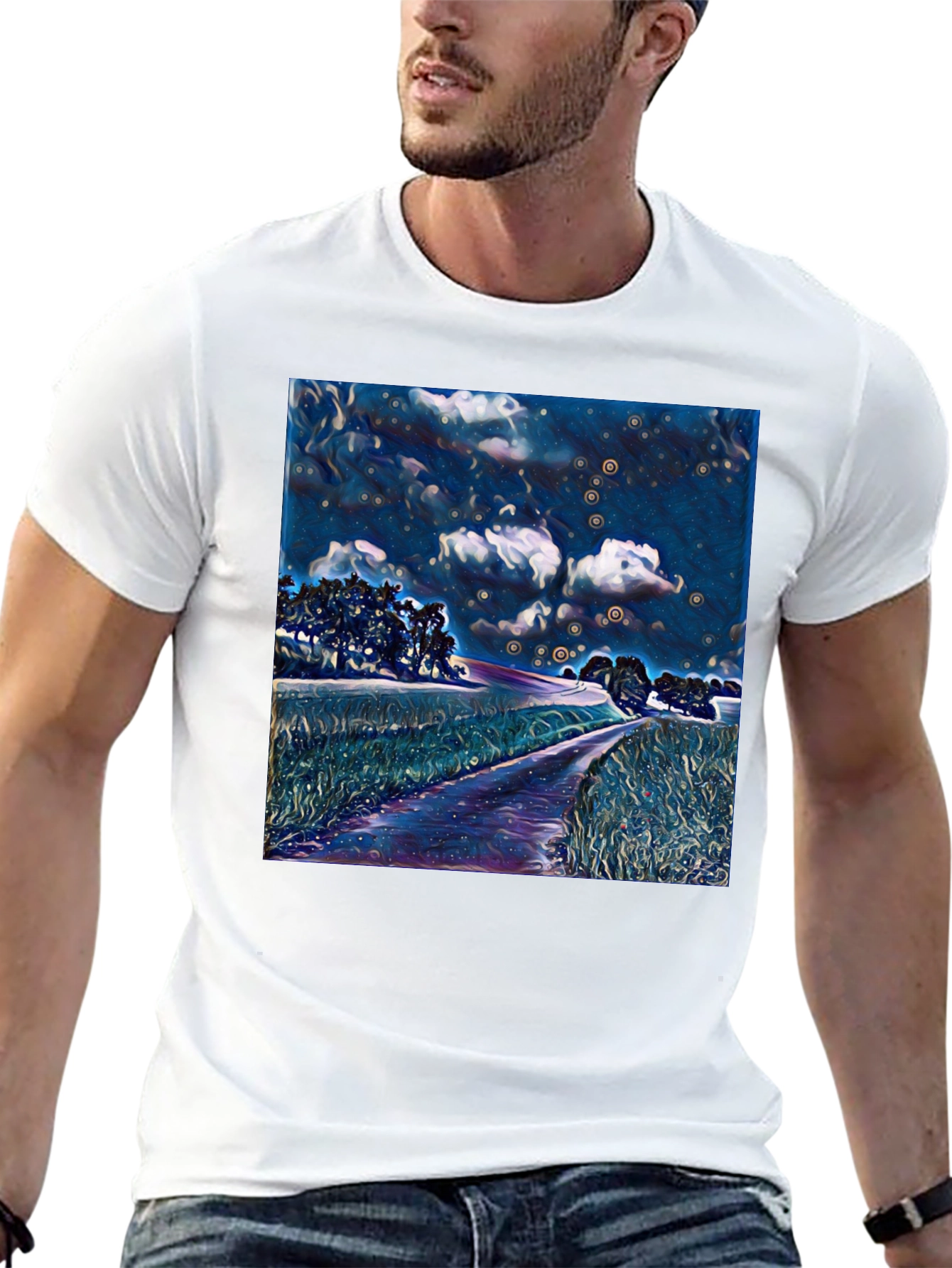 Starry Night Landscape Print Black T-Shirt