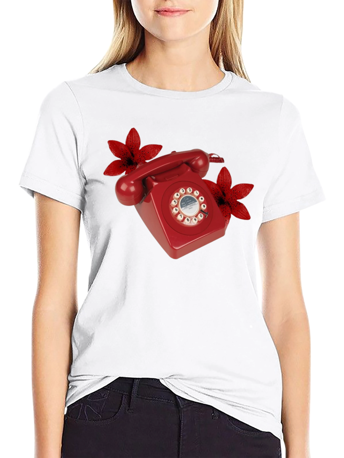 Retro Red Rotary Phone Floral T-Shirt