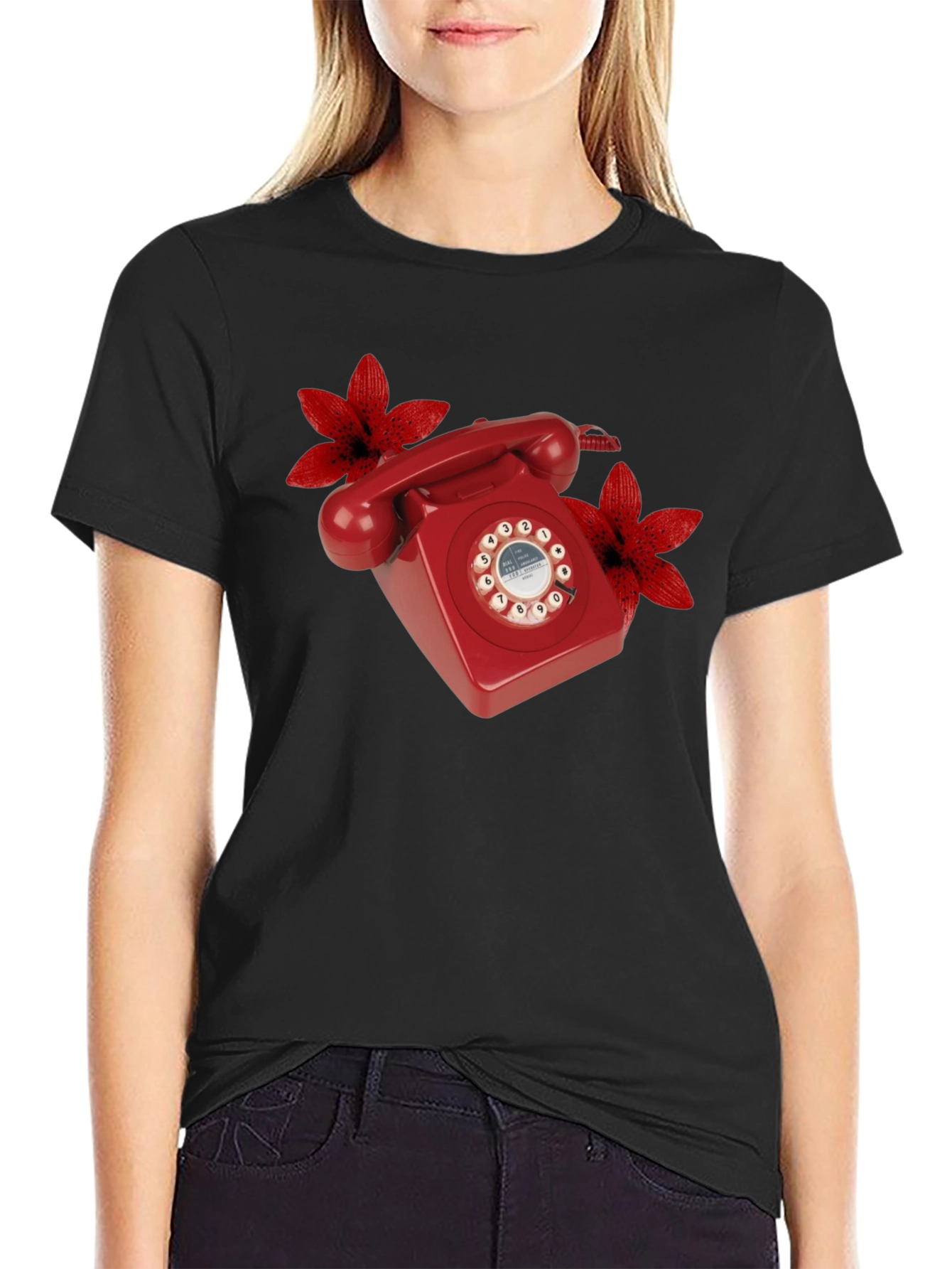 Retro Red Rotary Phone Floral T-Shirt