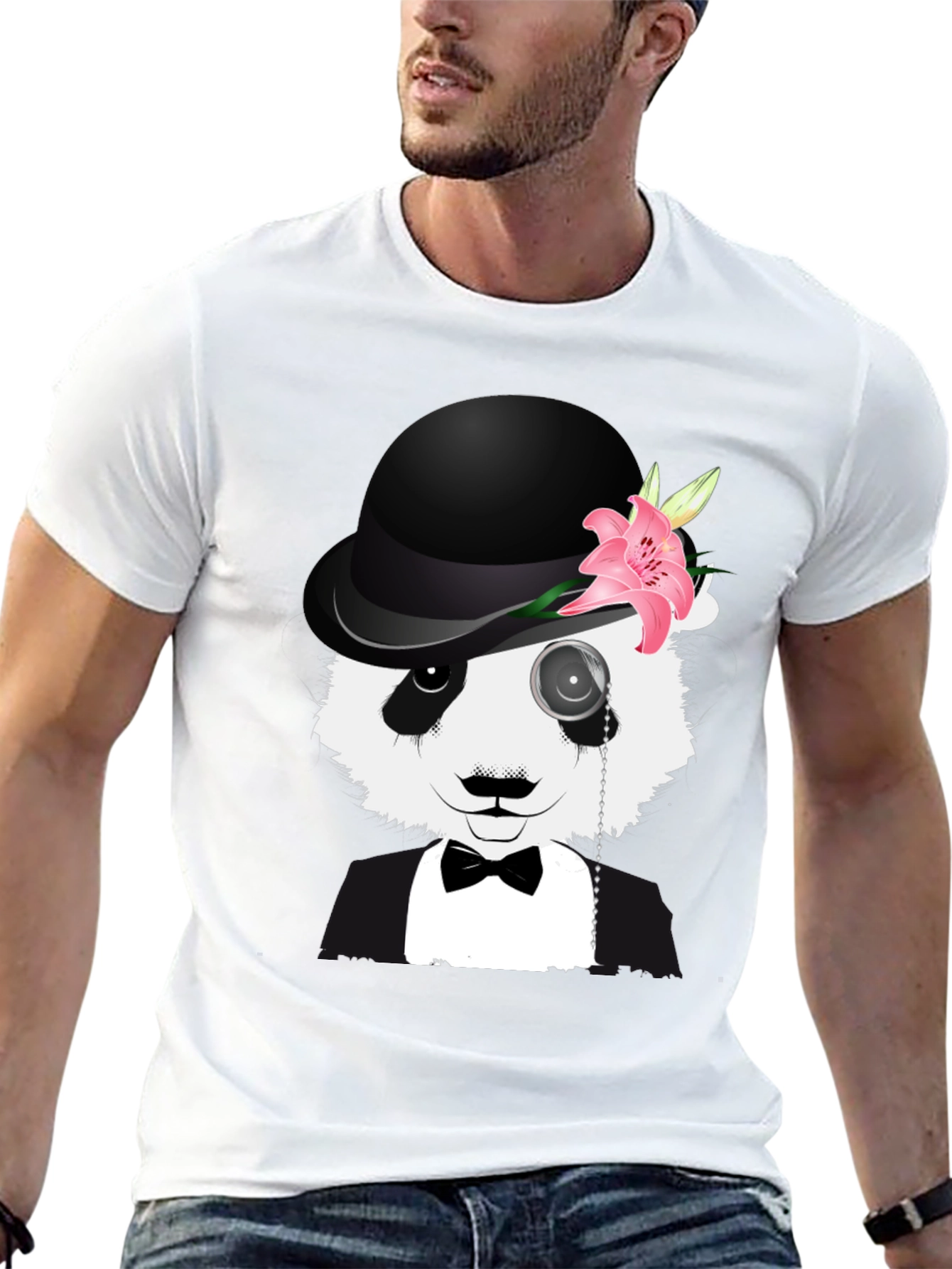 Panda Bowler Hat Monocle T-Shirt