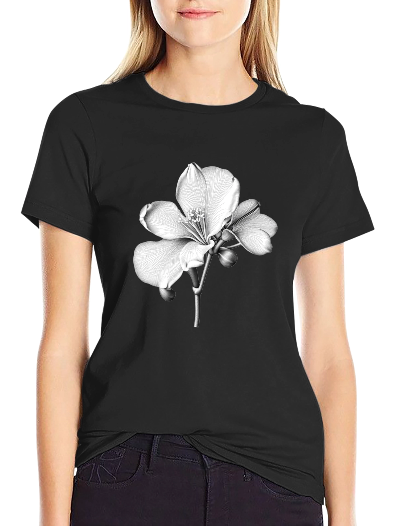 Floral Print Black Tee
