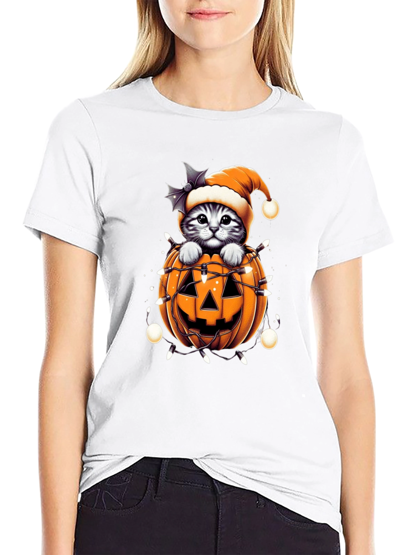 Festive Cat in Pumpkin Halloween T-Shirt