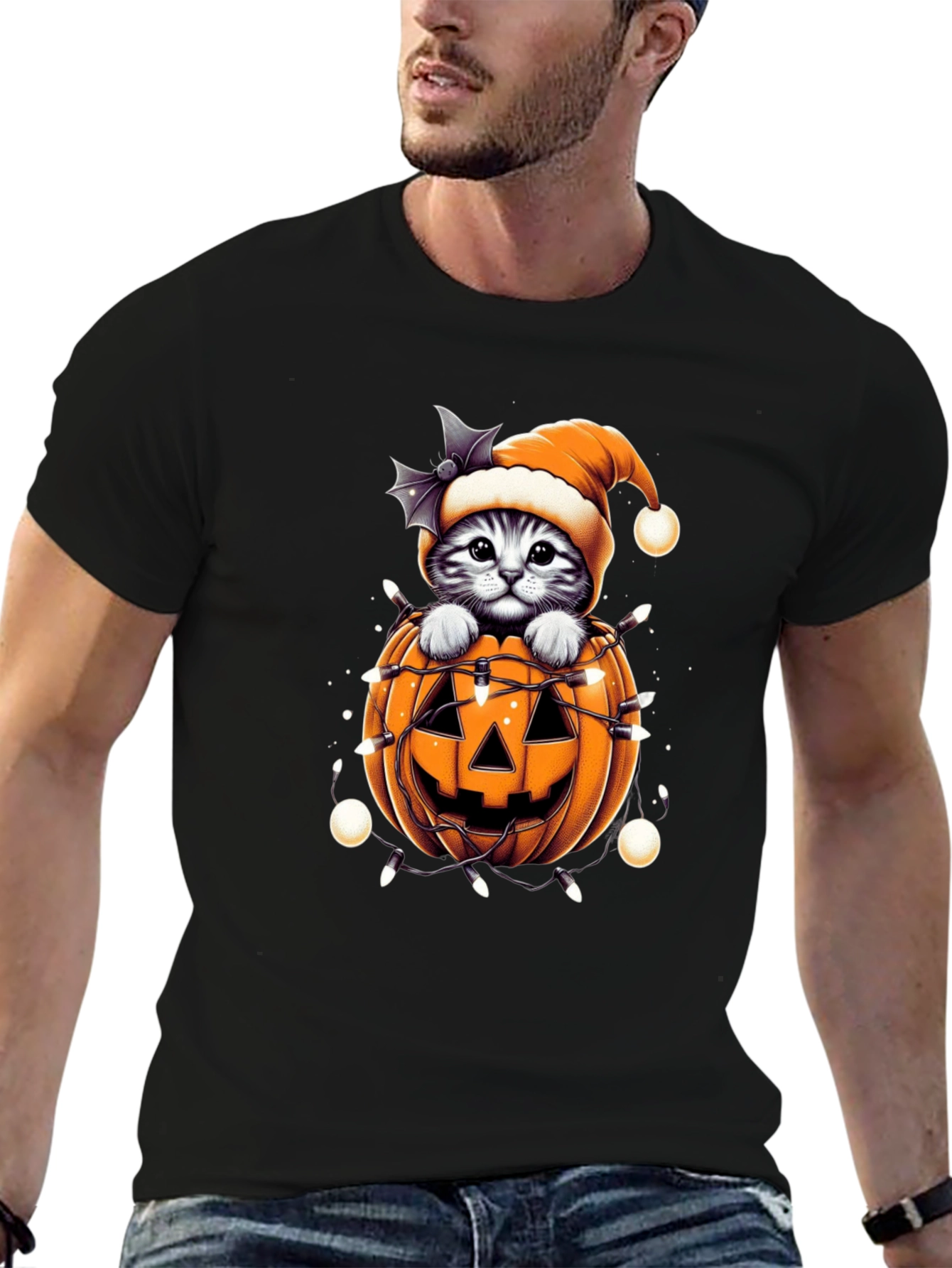 Festive Cat in Pumpkin Halloween T-Shirt