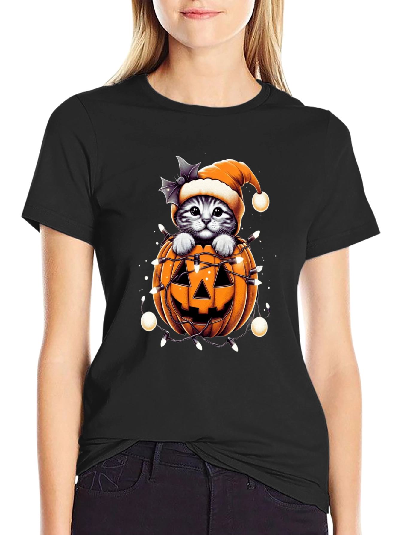 Festive Cat in Pumpkin Halloween T-Shirt