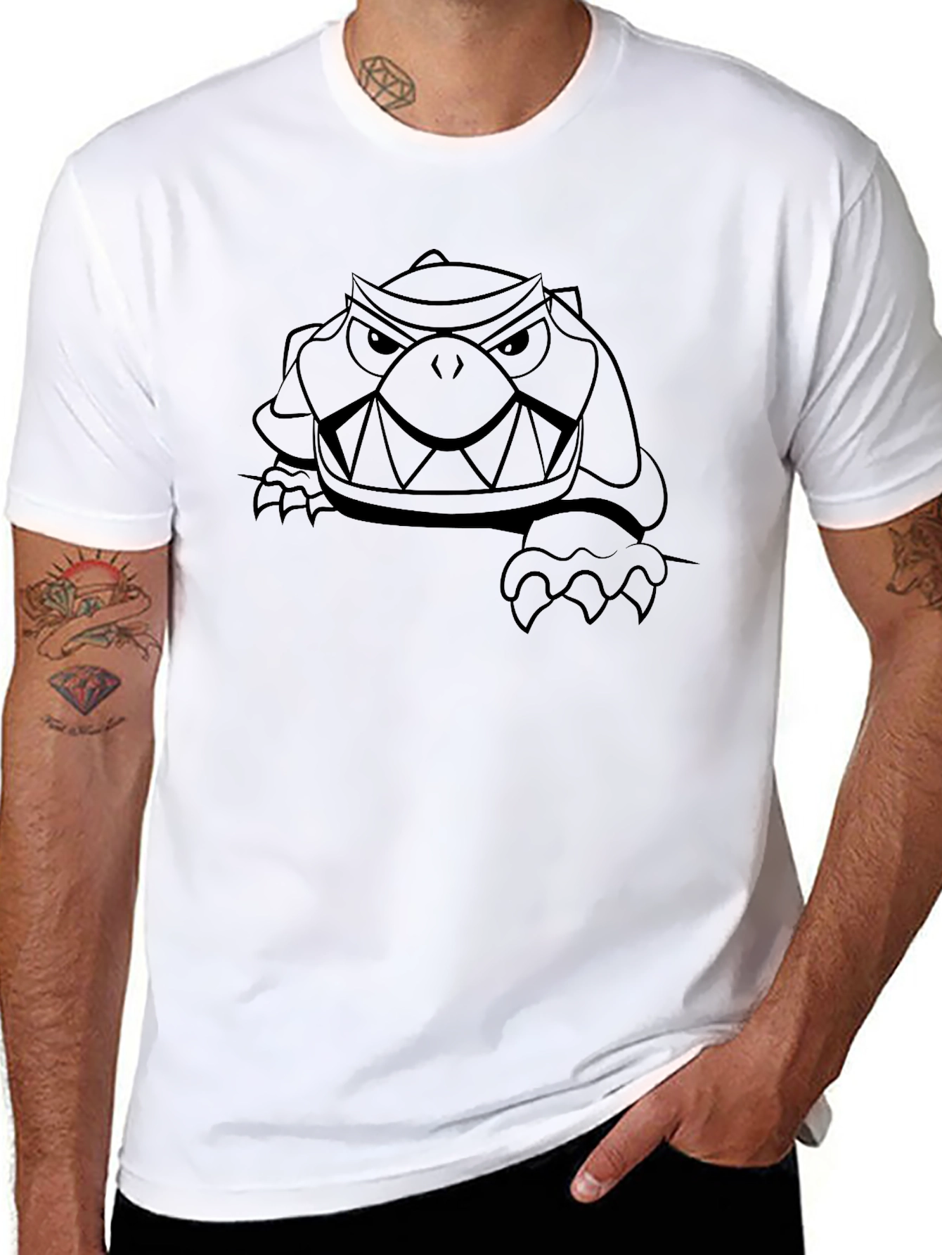 Mens Black T-Shirt with Cartoon Turtle Graphic