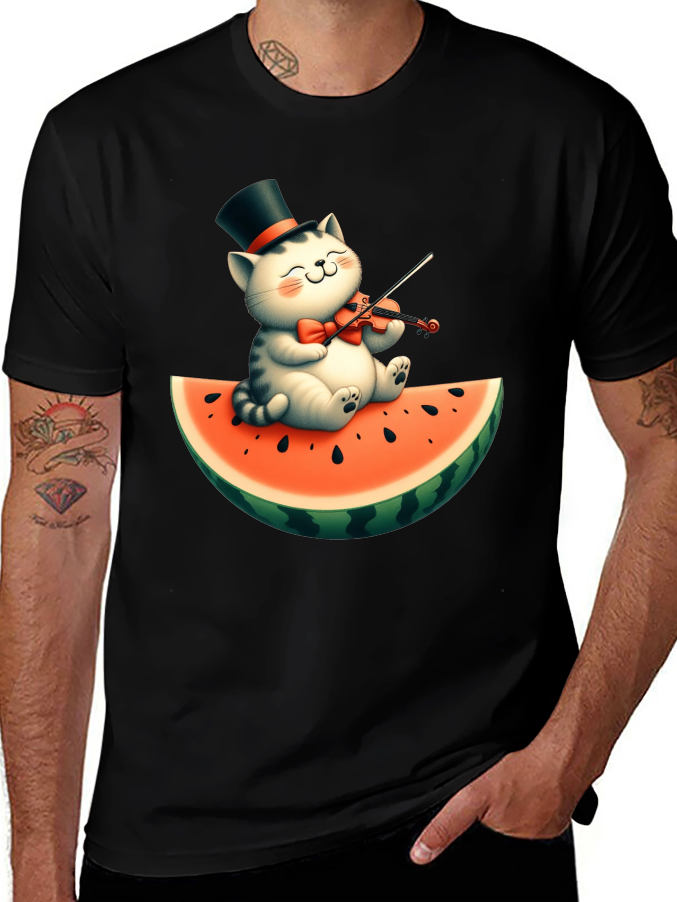 Cat Playing Violin on Watermelon Graphic Tee
