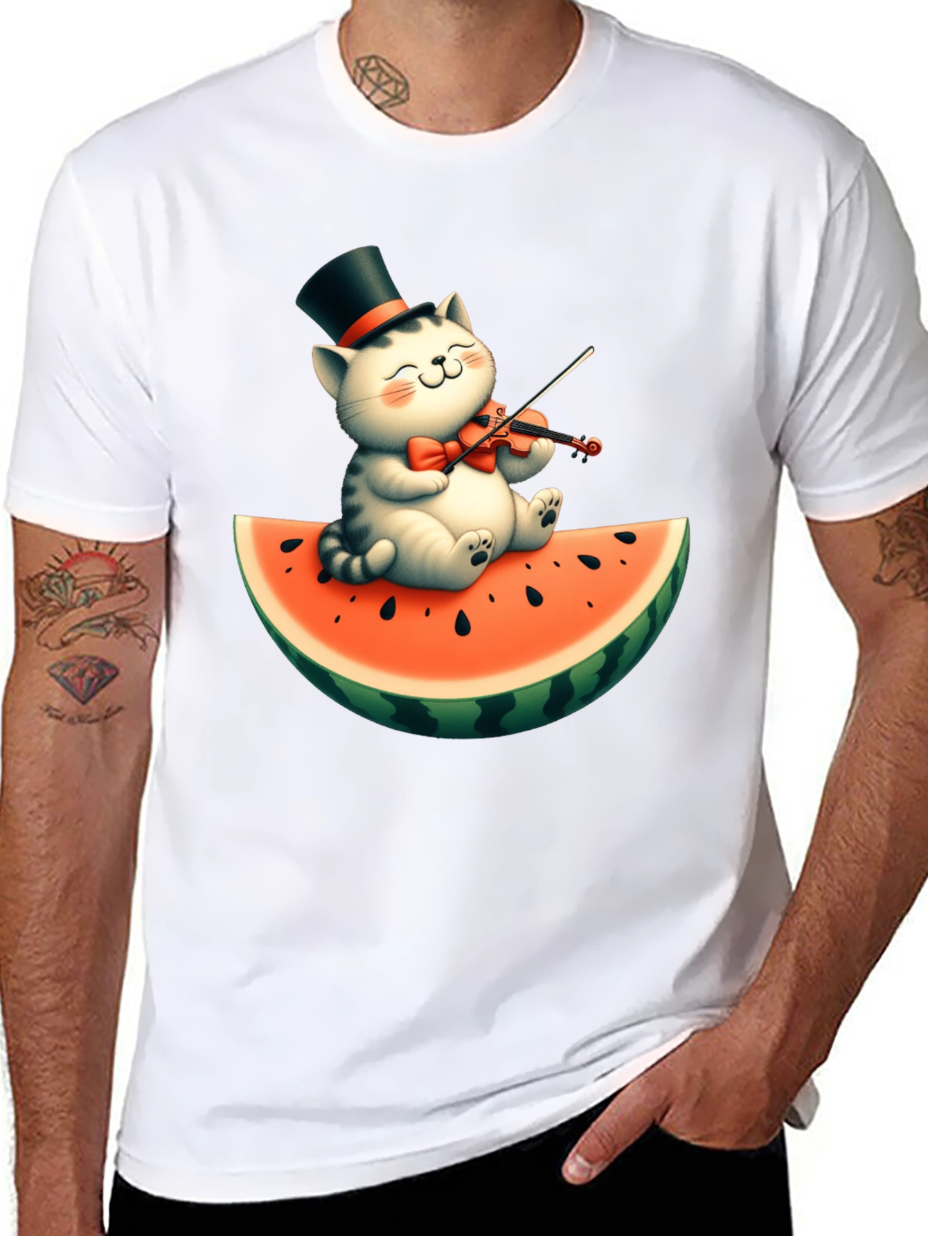 Cat Playing Violin on Watermelon Graphic Tee