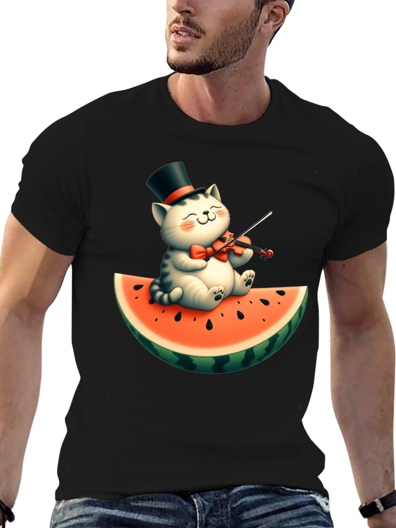 Cat Playing Violin on Watermelon Graphic Tee