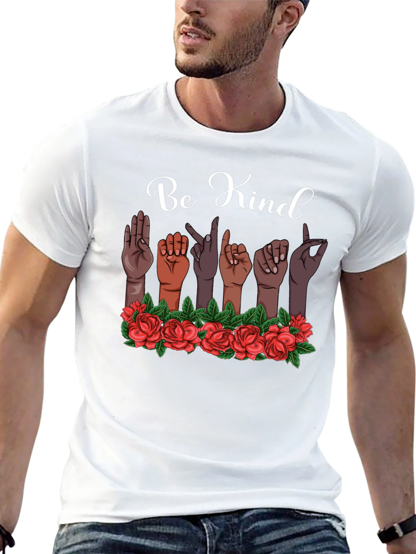 Be Kind T-Shirt Sign Language Design Floral Accent