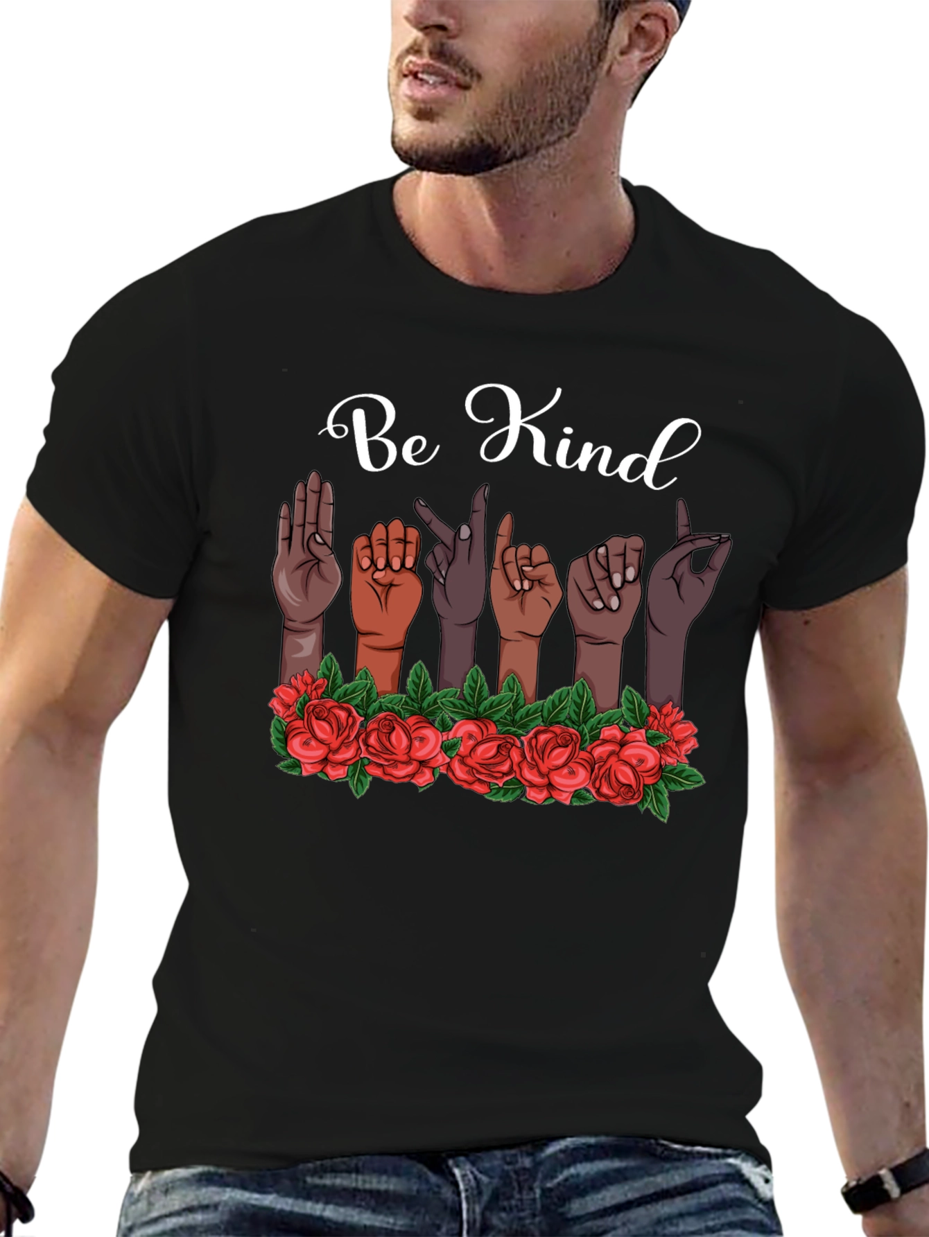 Be Kind T-Shirt Sign Language Design Floral Accent