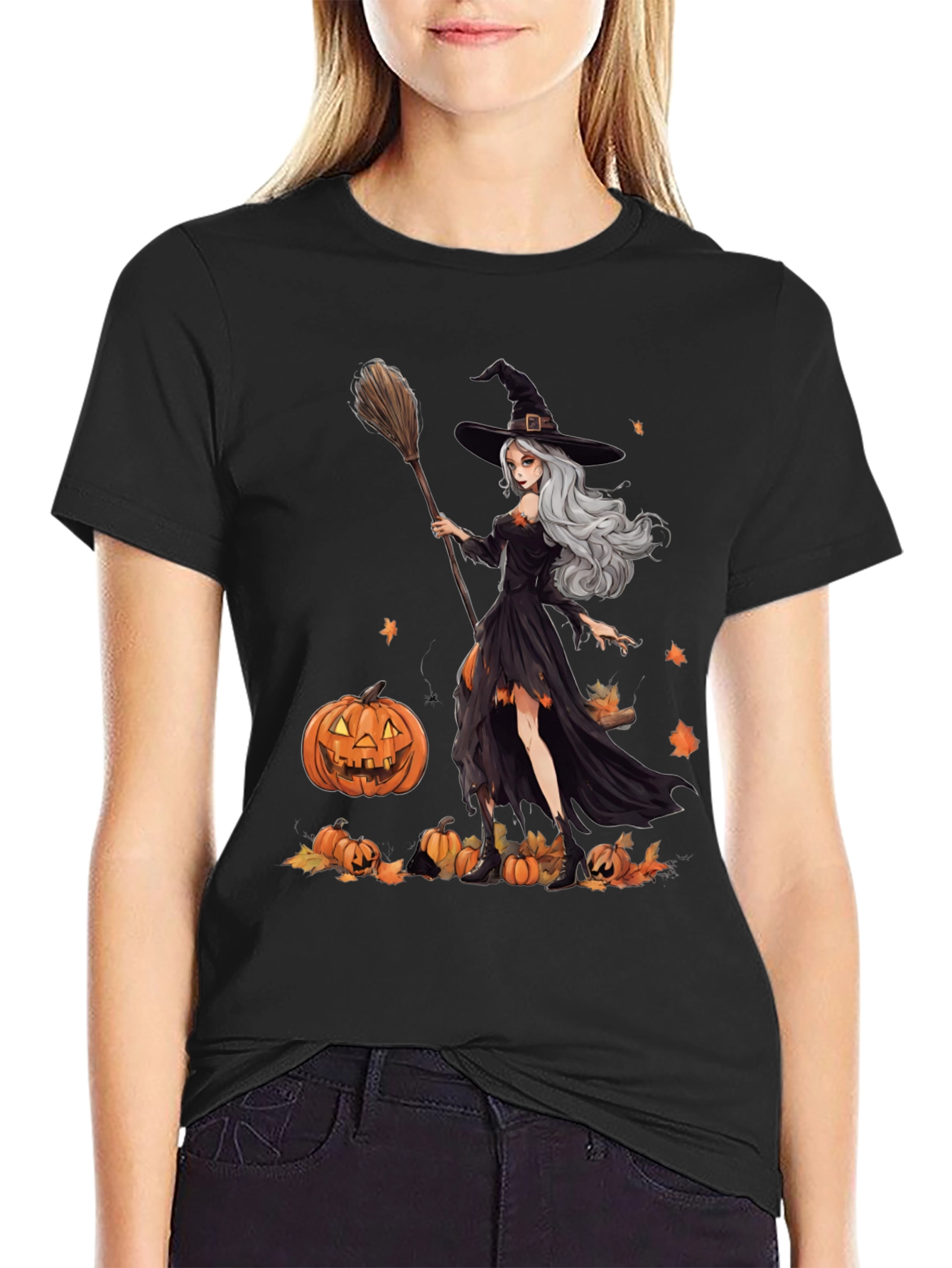 Witch & Pumpkins Graphic Tee - Halloween Apparel