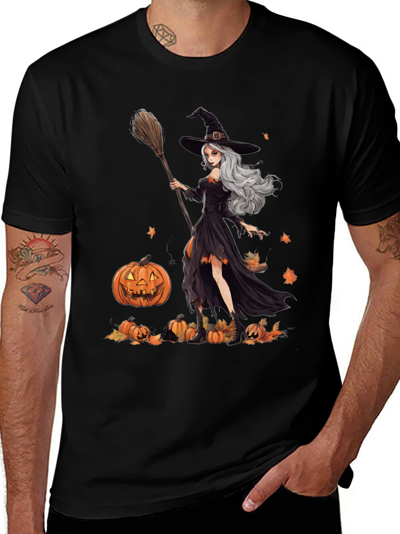 Witch & Pumpkins Graphic Tee - Halloween Apparel