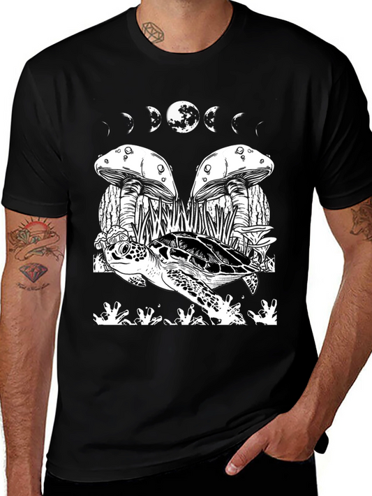 Mystic Turtle Graphic Tee - Moon Phases & Mushroom Design