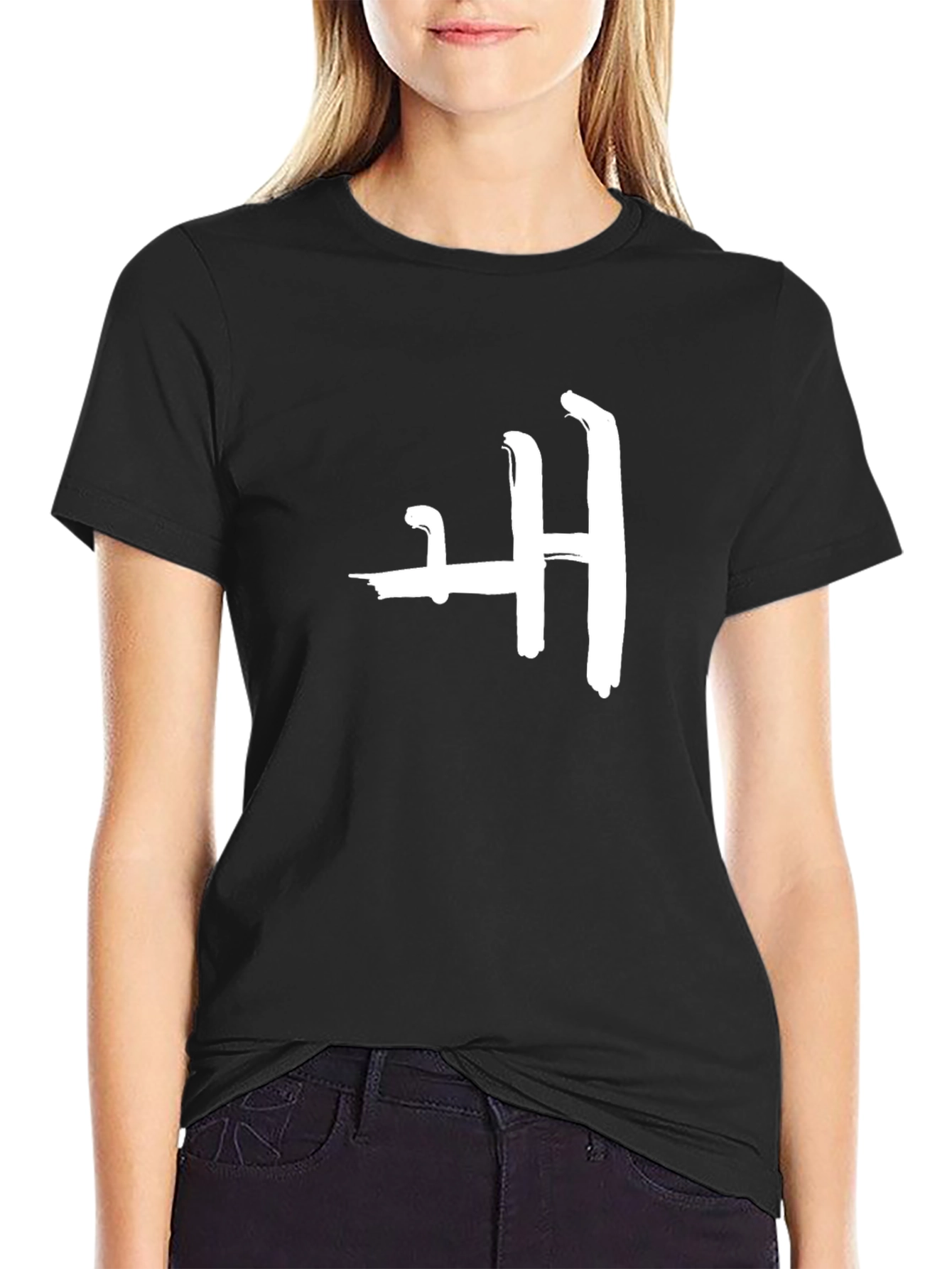 Abstract H White Print Black T-Shirt