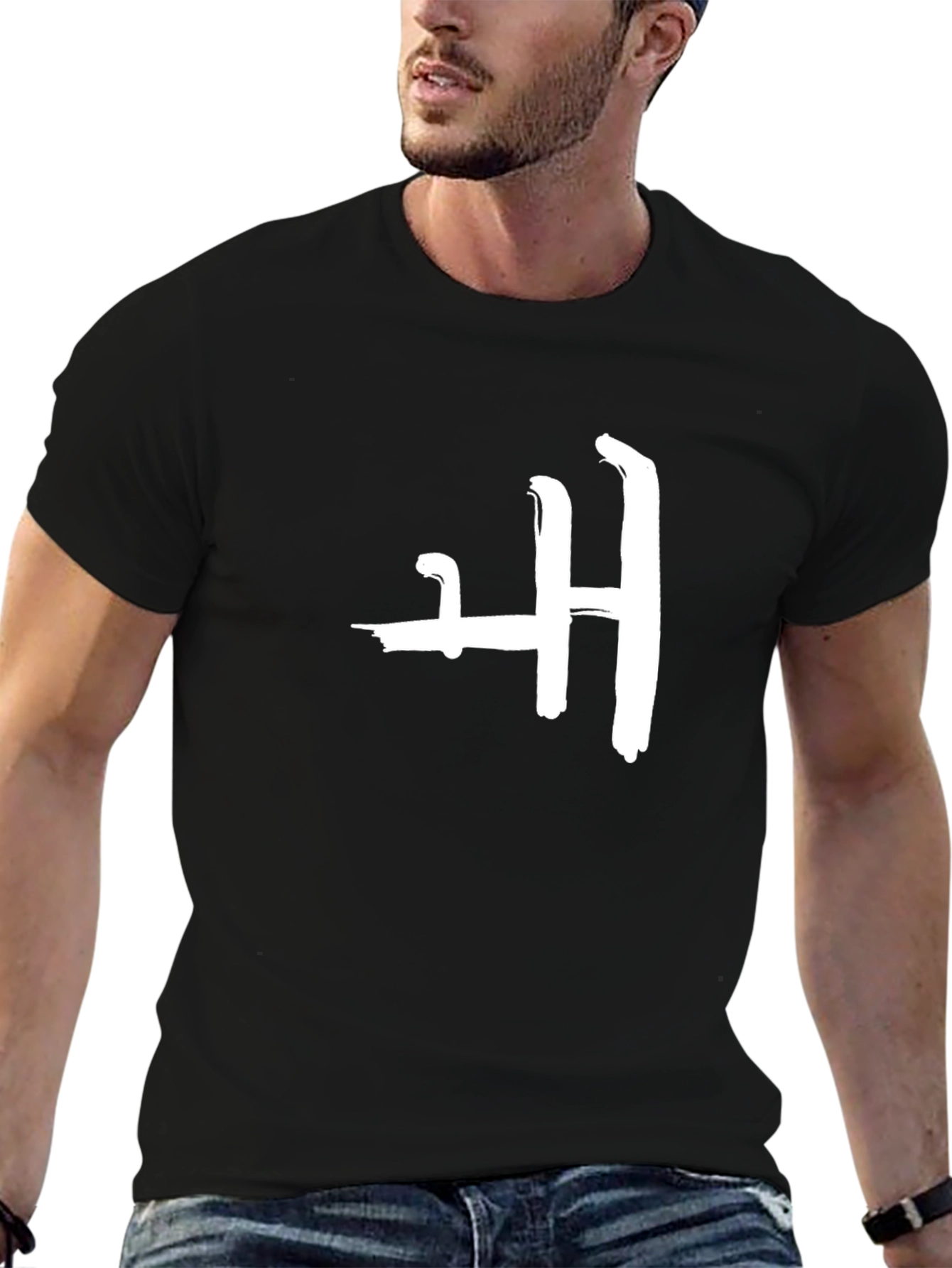 Abstract H White Print Black T-Shirt