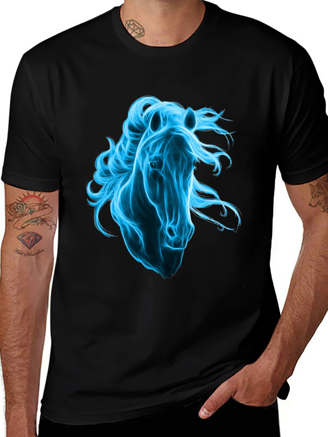 Mens Black T-Shirt with Blue Horse Graphic